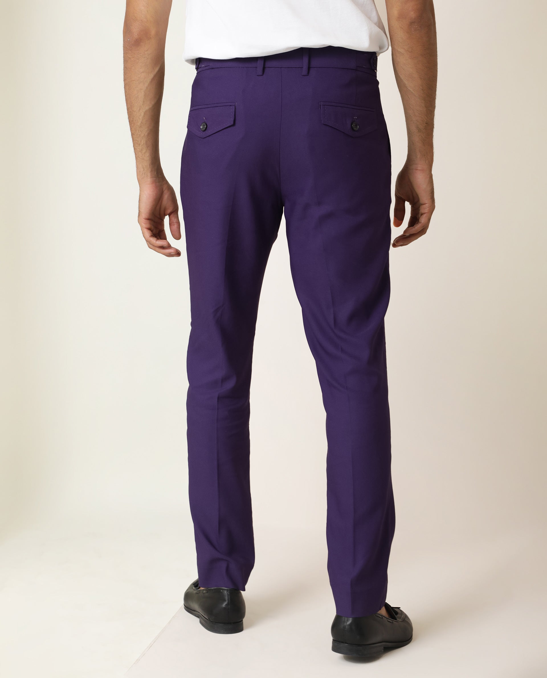 Rare Rabbit Men's Glade Purple Viscose Fabric Solid Mid-Rise Regular Fit Trouser