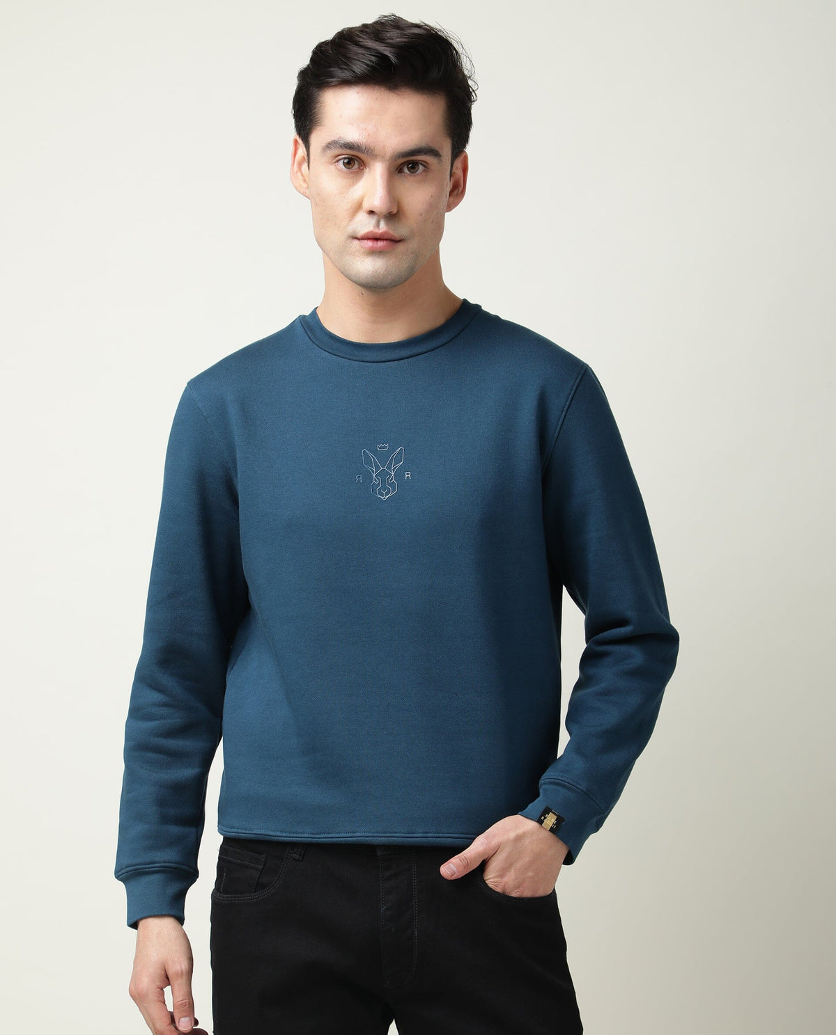 RARE RABBIT MEN'S ZEN PETROL SWEATSHIRT COTTON POLYESTER FABRIC CREW NECK FULL SLEEVES SLIM FIT