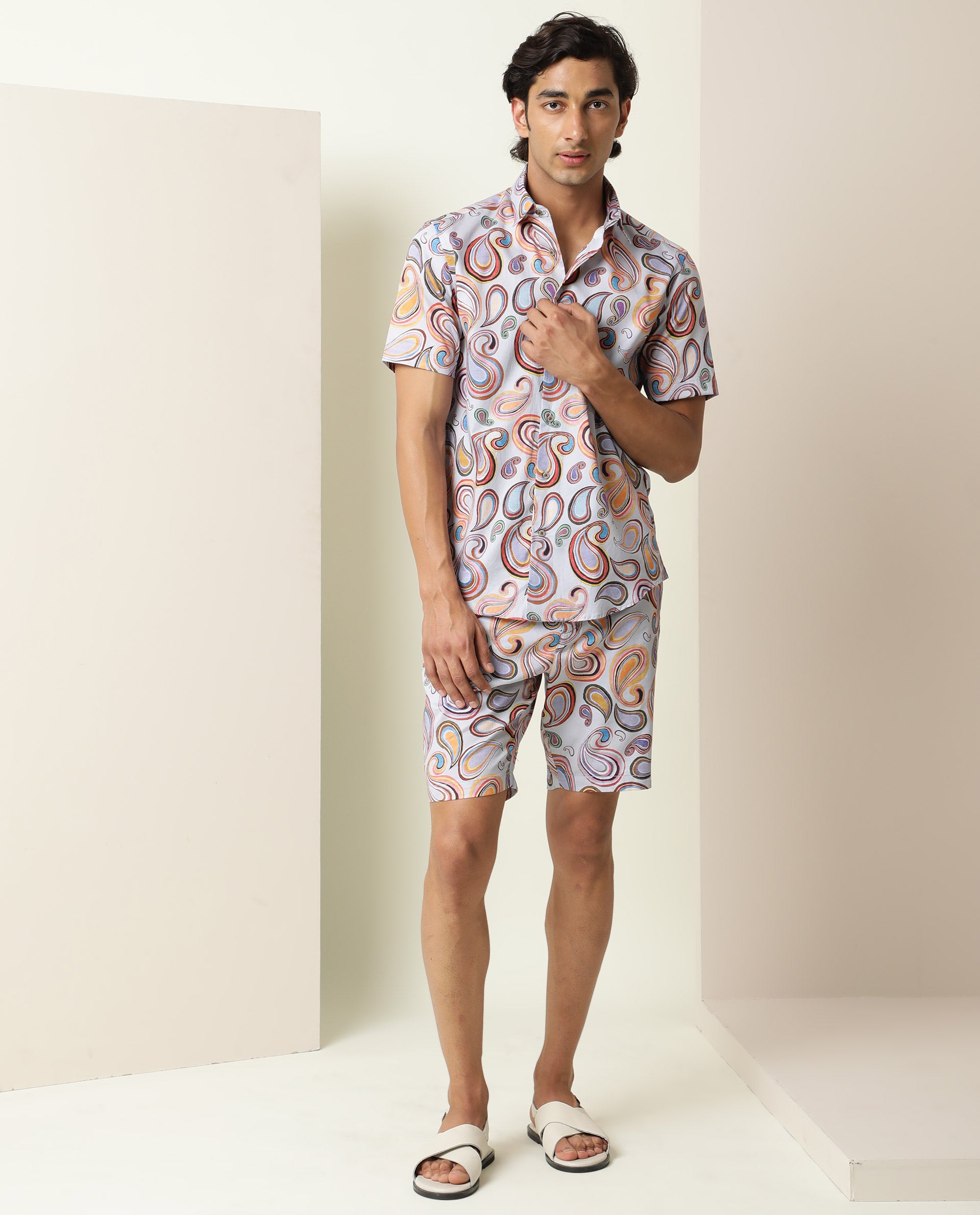 RARE RABBIT MEN'S CADIZ MULTI SHIRT COTTON FABRIC COLLARED NECK HALF SLEEVES BUTTON CLOSURE