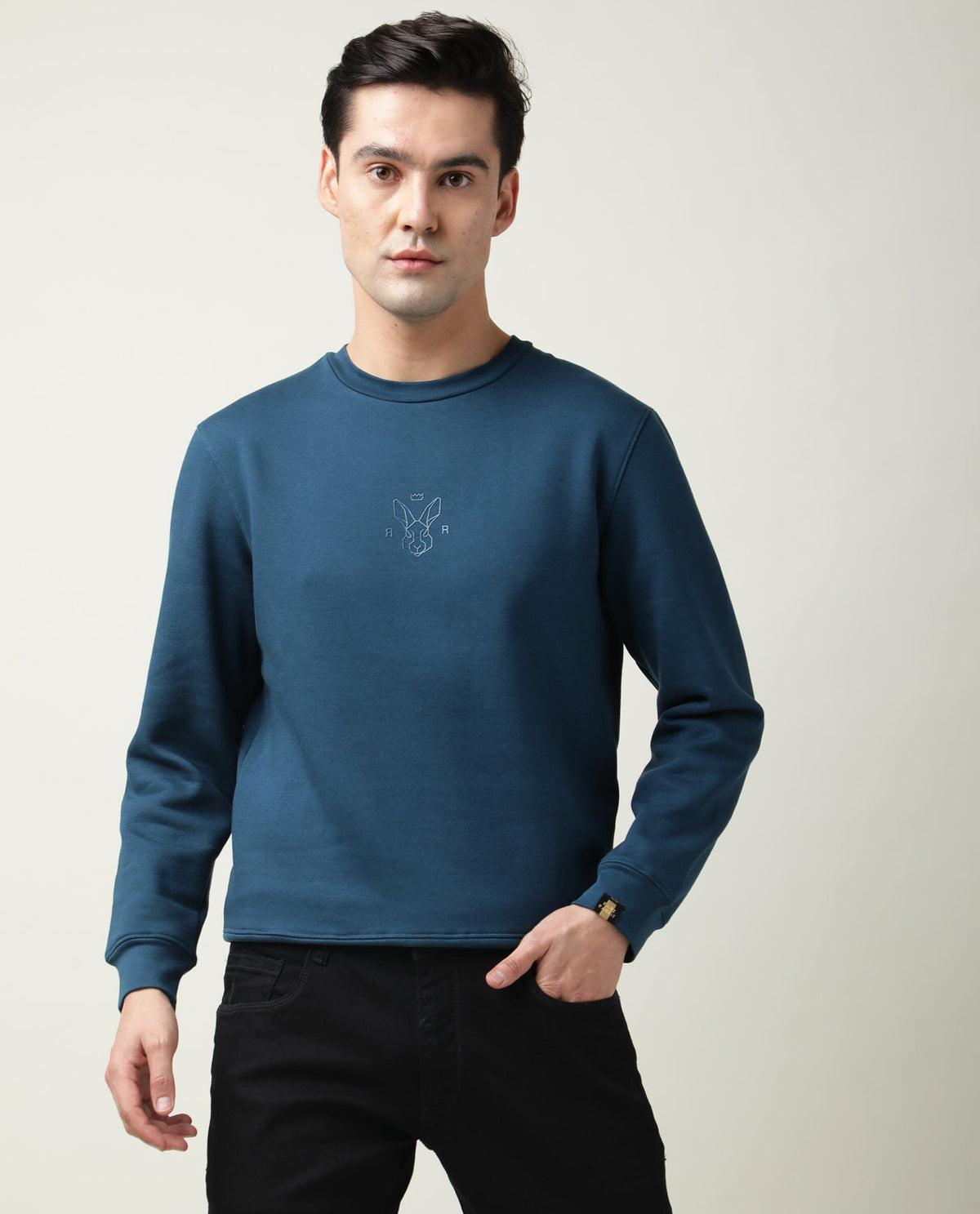 RARE RABBIT MEN'S ZEN PETROL SWEATSHIRT COTTON POLYESTER FABRIC CREW NECK FULL SLEEVES SLIM FIT