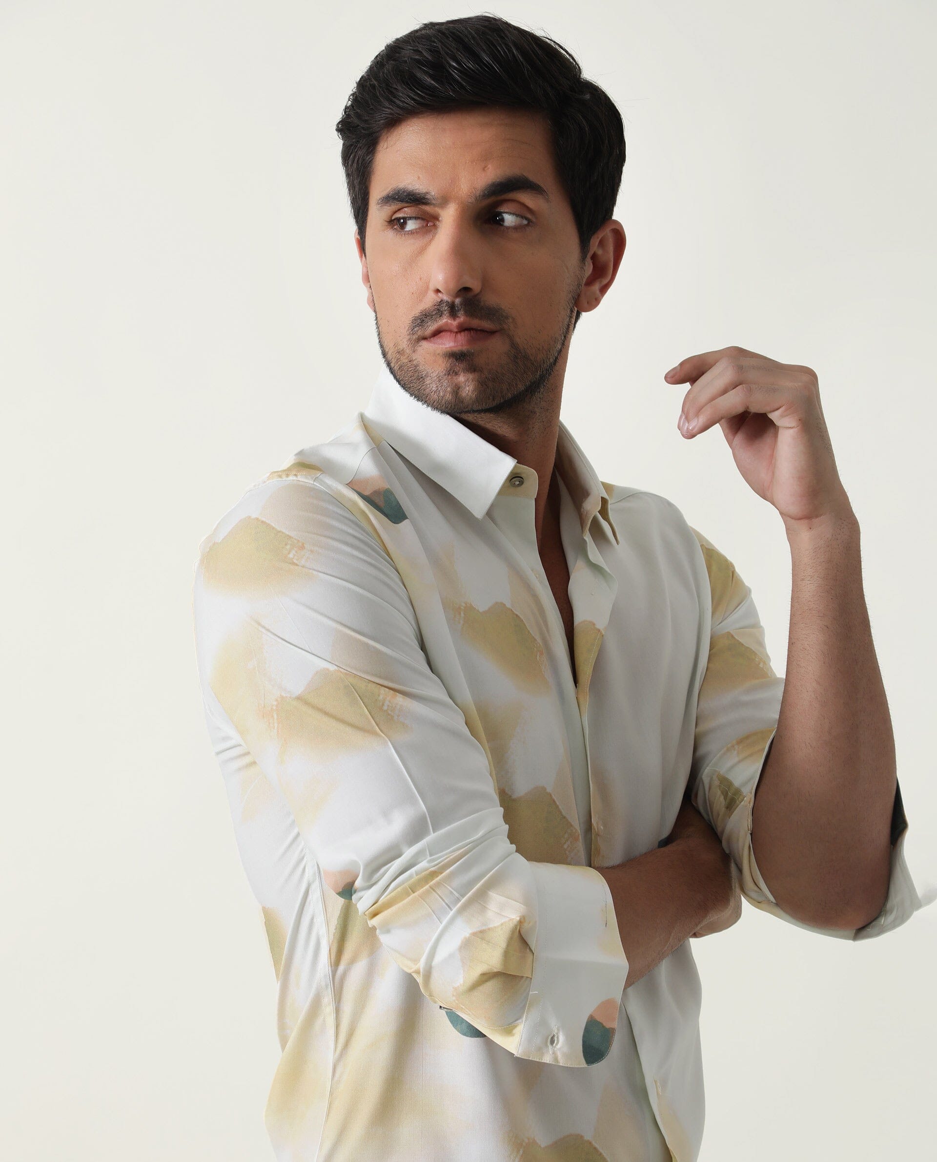 Rare Rabbit Men's Cedar Green Viscose Fabric Abstract Print Full Sleeves Shirt