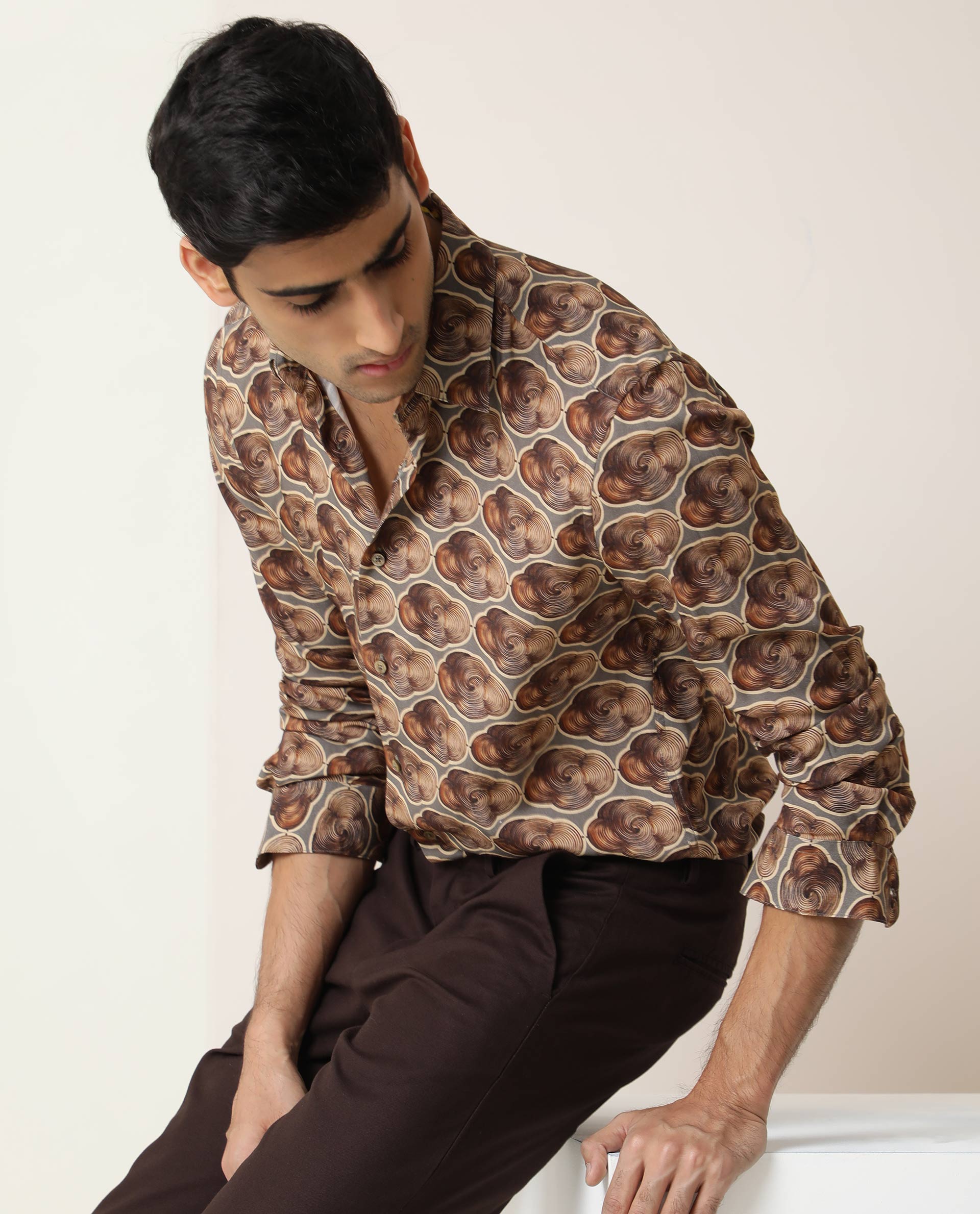 Rare Rabbit Men's Tymon LS Grey Viscose Fabric Full Sleeves Regular Fit Geometric Print Shirt