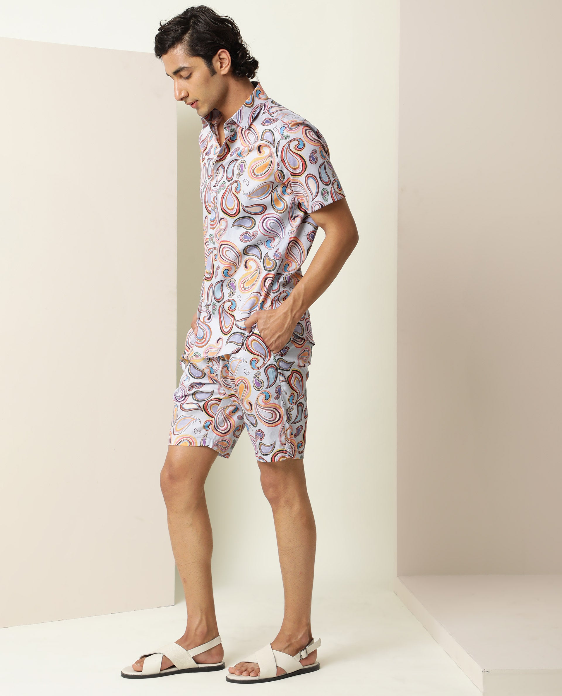 RARE RABBIT MEN'S CADIZ MULTI SHIRT COTTON FABRIC COLLARED NECK HALF SLEEVES BUTTON CLOSURE