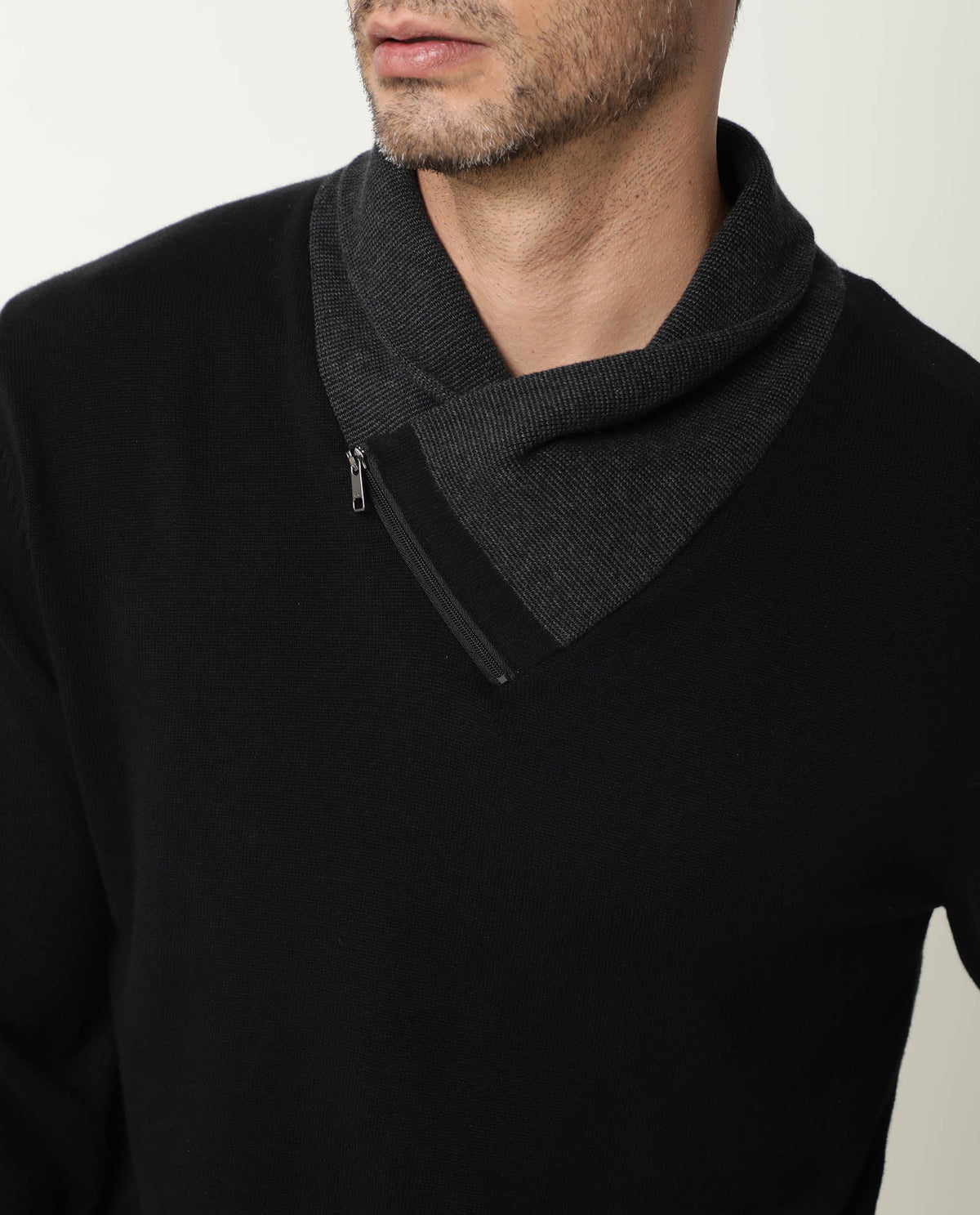RARE RABBIT MEN'S DENVER BLACK PULLOVER COTTON FABRIC COWL NECK FULL SLEEVES ZIPPER CLOSURE SLIM FIT