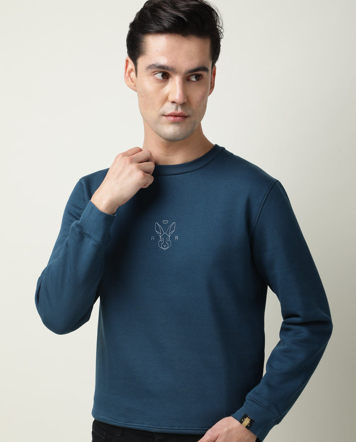 RARE RABBIT MEN'S ZEN PETROL SWEATSHIRT COTTON POLYESTER FABRIC CREW NECK FULL SLEEVES SLIM FIT