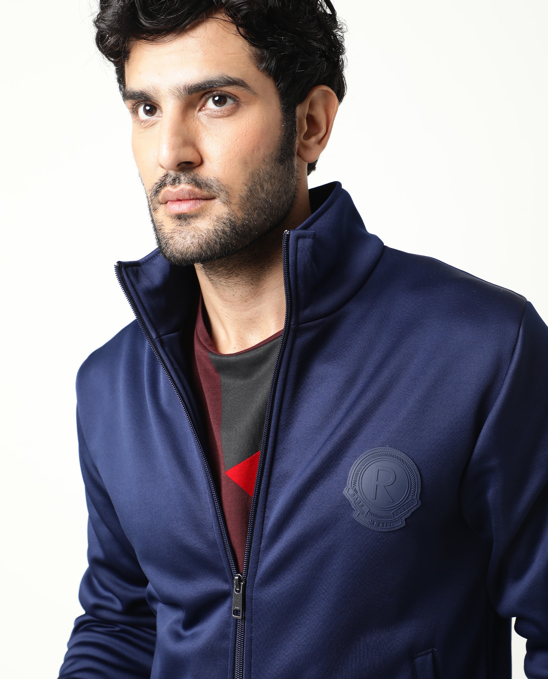 Rare Rabbit Men's Bond Dark Blue High Neck Chest Branded Jacket