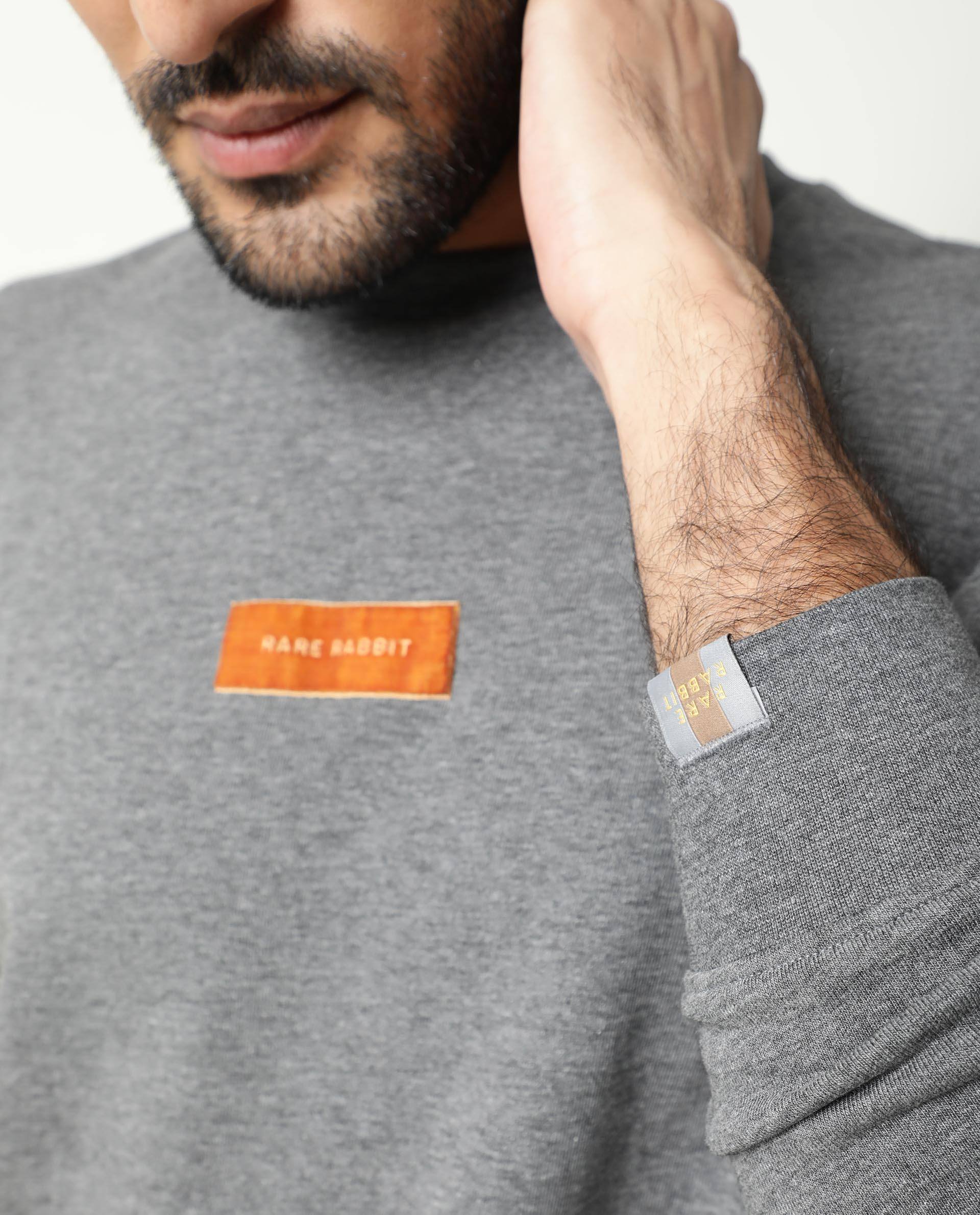 Rare Rabbit Men's Velveto Grey Cotton Polyester Fabric Full Sleeves Velvet Branding Knit Sweatshirt