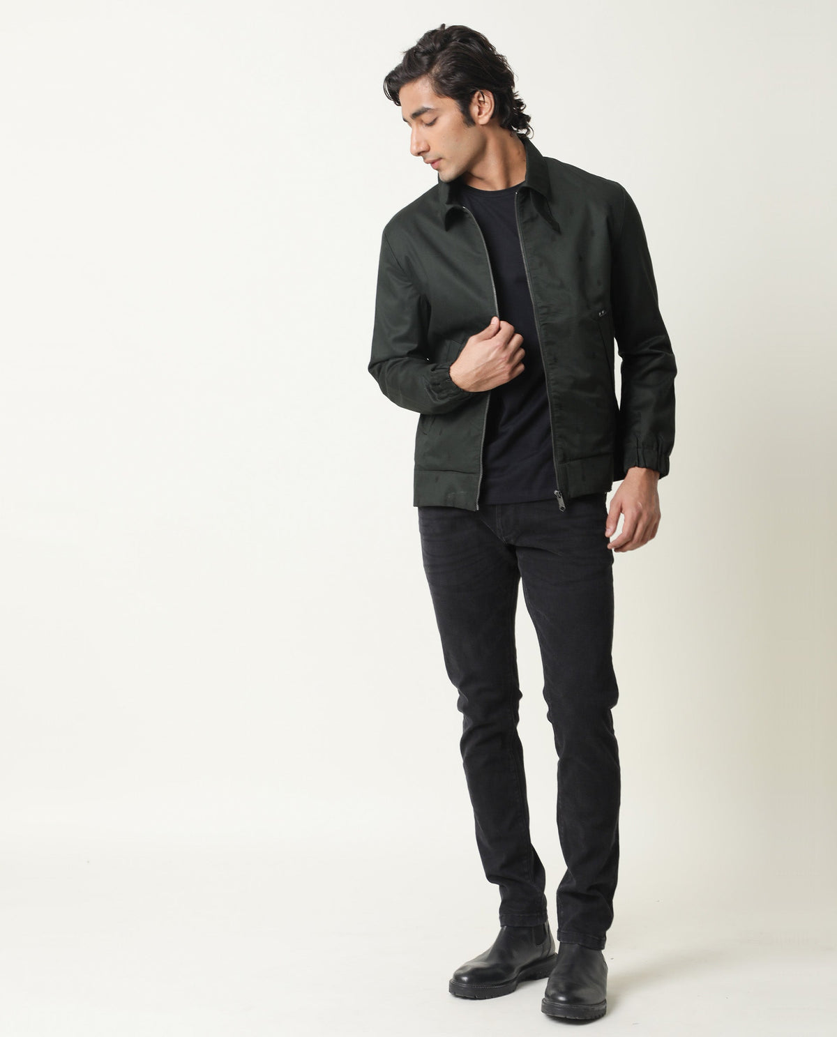 RARE RABBIT MEN'S MAZZER GREEN JACKET COTTON FABRIC COLLARED NECK FULL SLEEVES ZIPPER CLOSURE SLIM FIT
