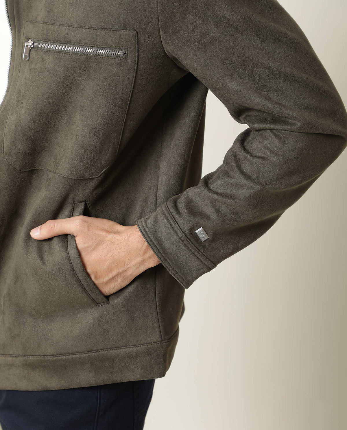 RARE RABBIT MEN'S BAX OLIVE JACKET POLYESTER FABRIC COLLARED NECK FULL SLEEVES ZIPPER CLOSURE