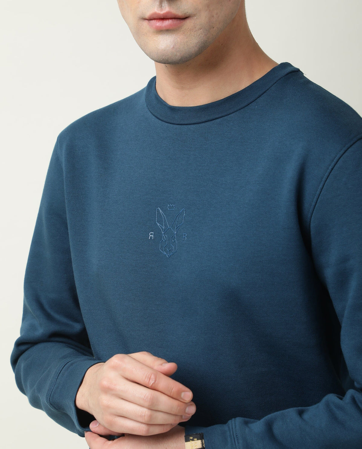 RARE RABBIT MEN'S ZEN PETROL SWEATSHIRT COTTON POLYESTER FABRIC CREW NECK FULL SLEEVES SLIM FIT