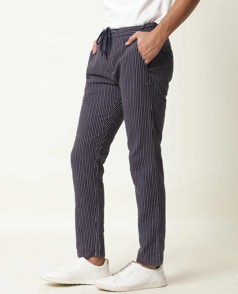 PINST-MENS STRIPED TROUSERS-NAVY TROUSER RARE RABBIT 