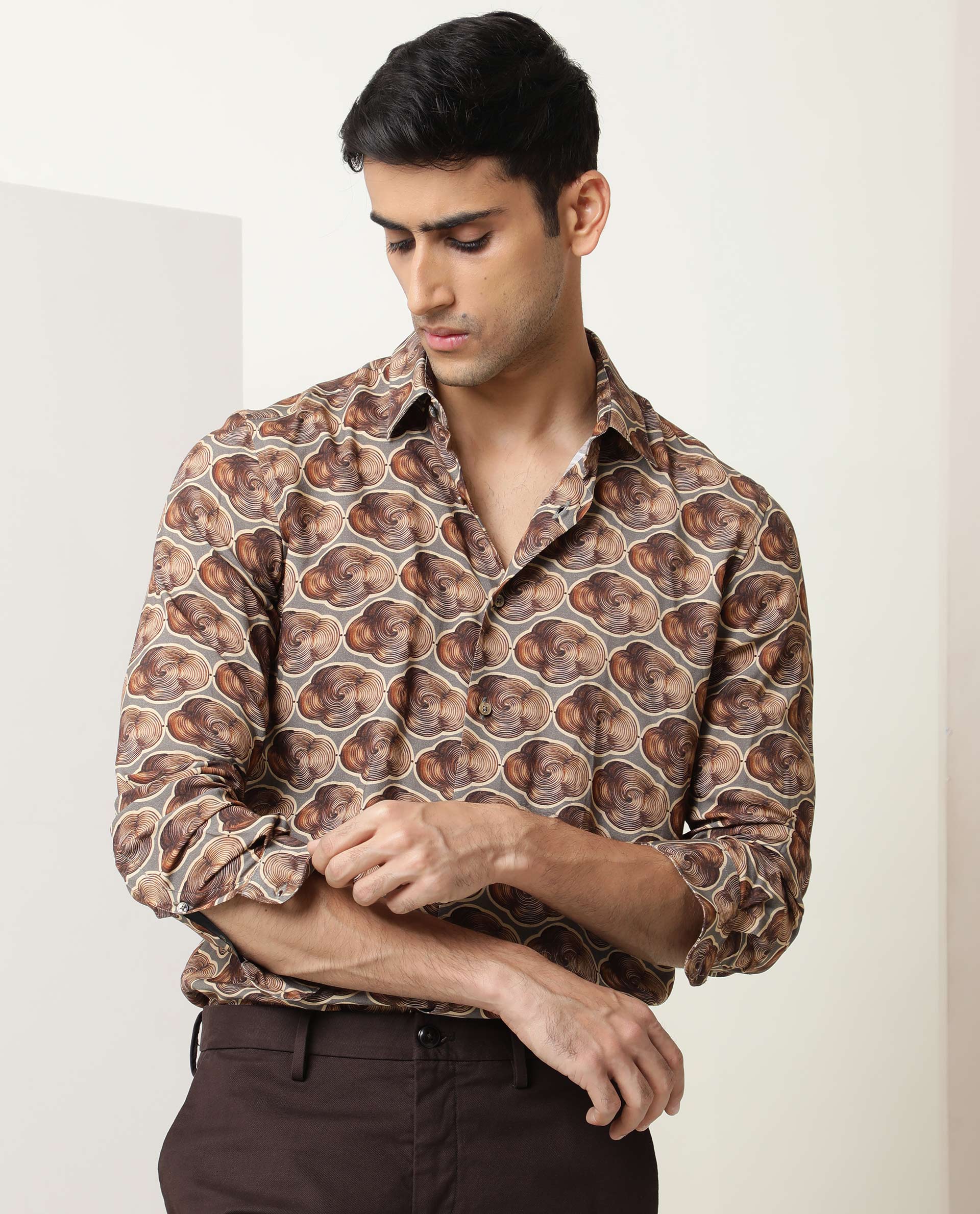 Rare Rabbit Men's Tymon LS Grey Viscose Fabric Full Sleeves Regular Fit Geometric Print Shirt