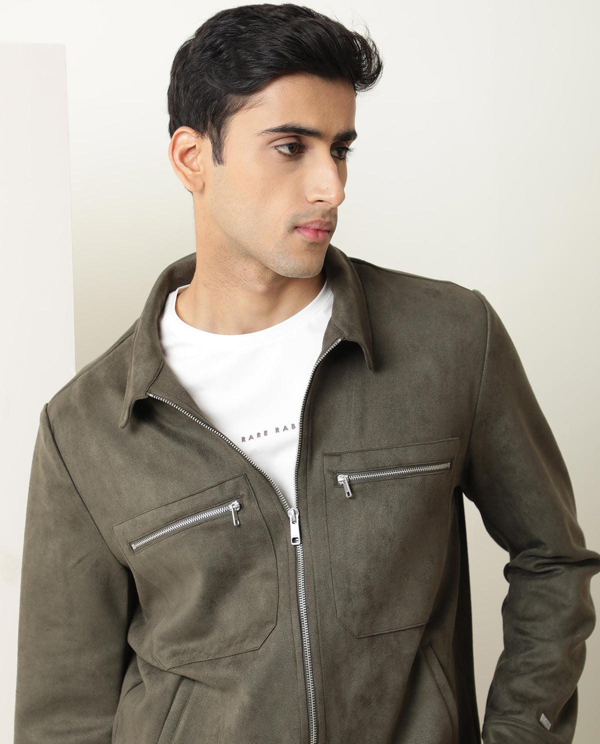 RARE RABBIT MEN'S BAX OLIVE JACKET POLYESTER FABRIC COLLARED NECK FULL SLEEVES ZIPPER CLOSURE
