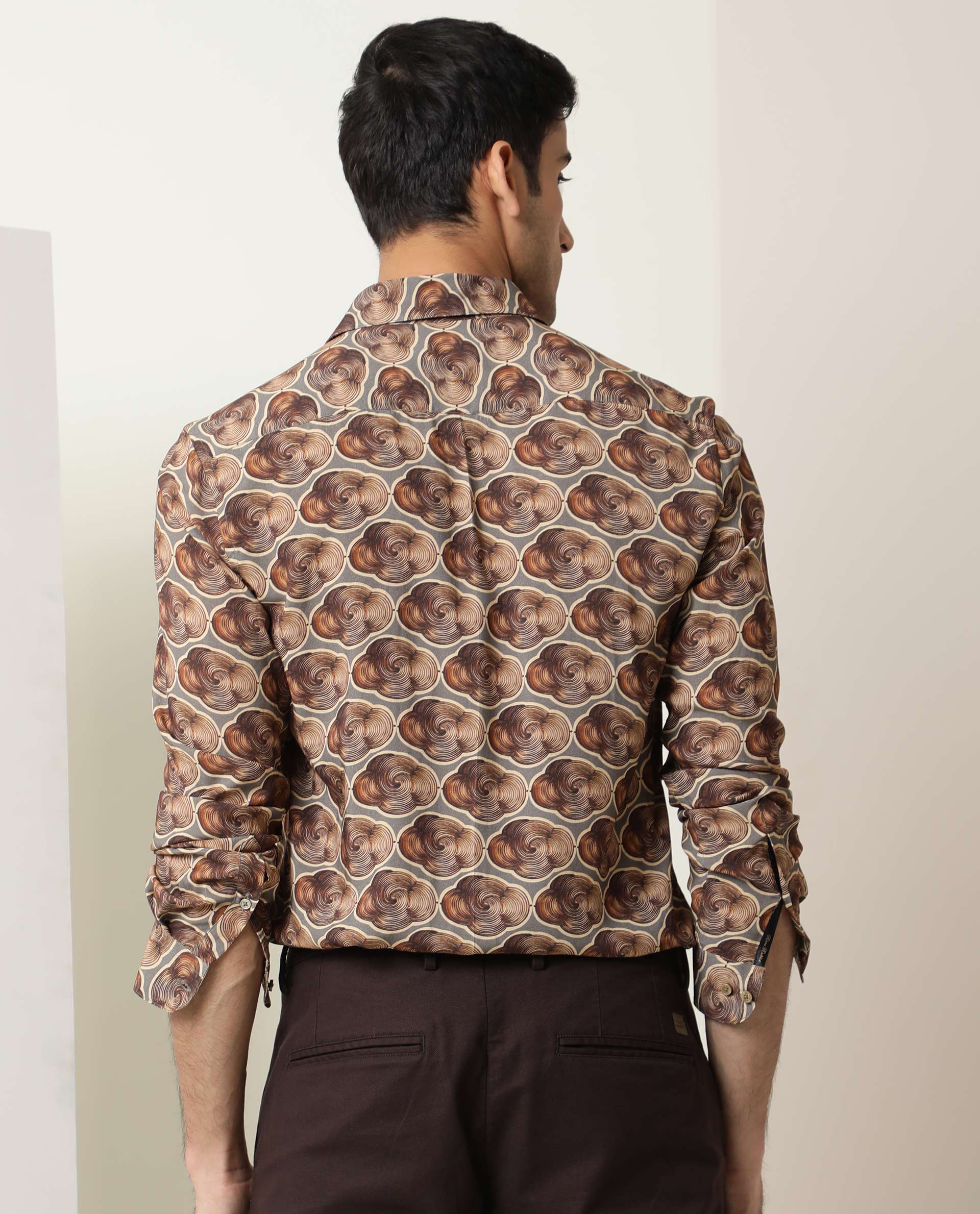 Rare Rabbit Men's Tymon LS Grey Viscose Fabric Full Sleeves Regular Fit Geometric Print Shirt