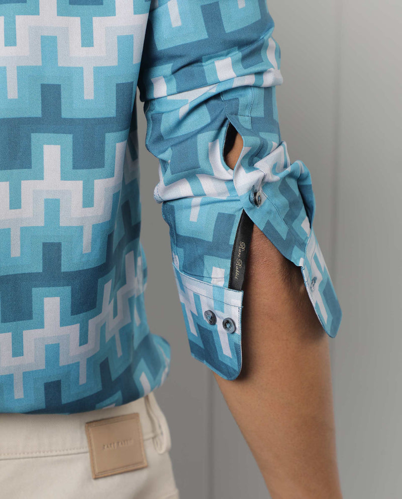 Rare Rabbit Men's Copat Blue Viscose Fabric Geometric Print Full Sleeves Shirt