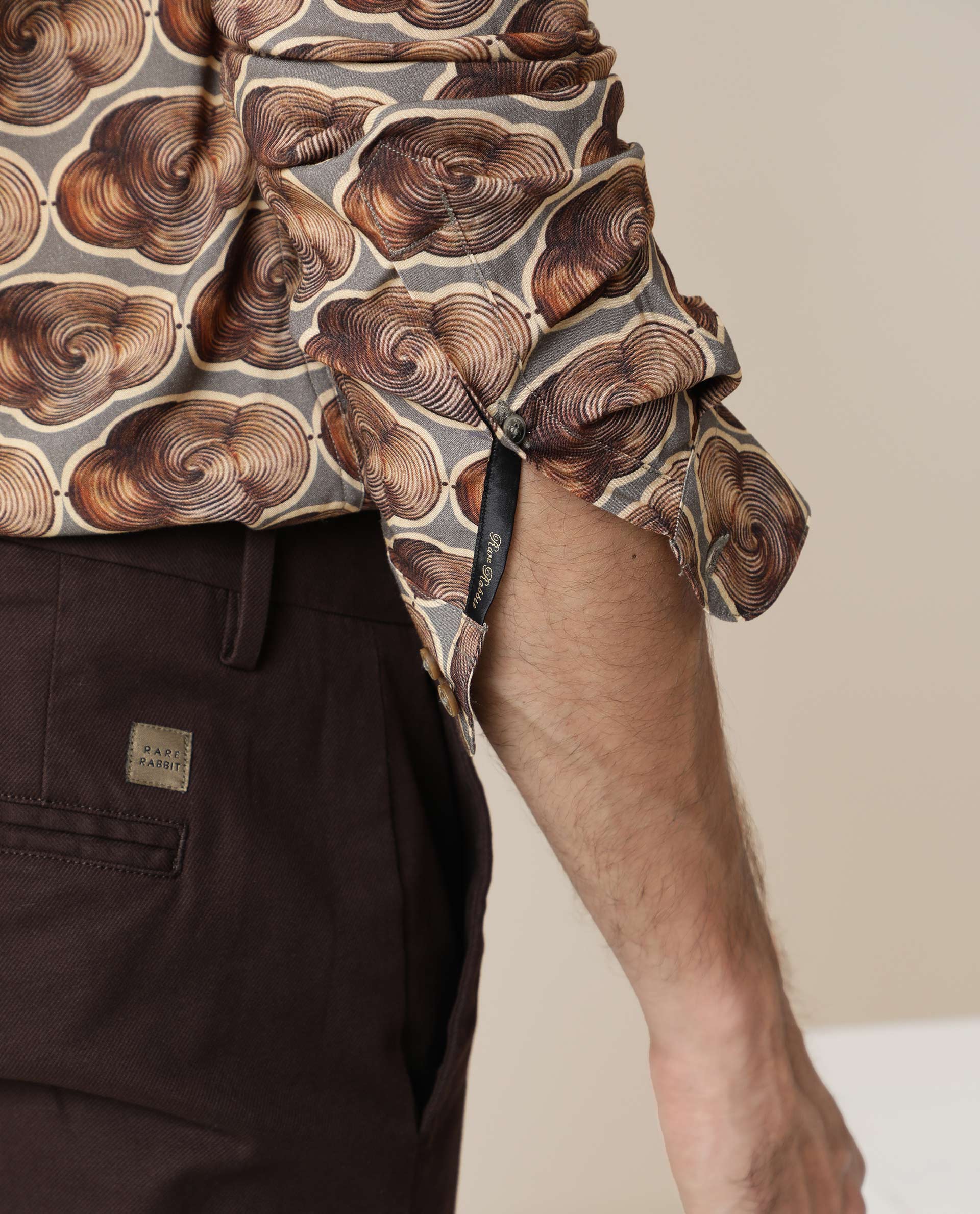 Rare Rabbit Men's Tymon LS Grey Viscose Fabric Full Sleeves Regular Fit Geometric Print Shirt