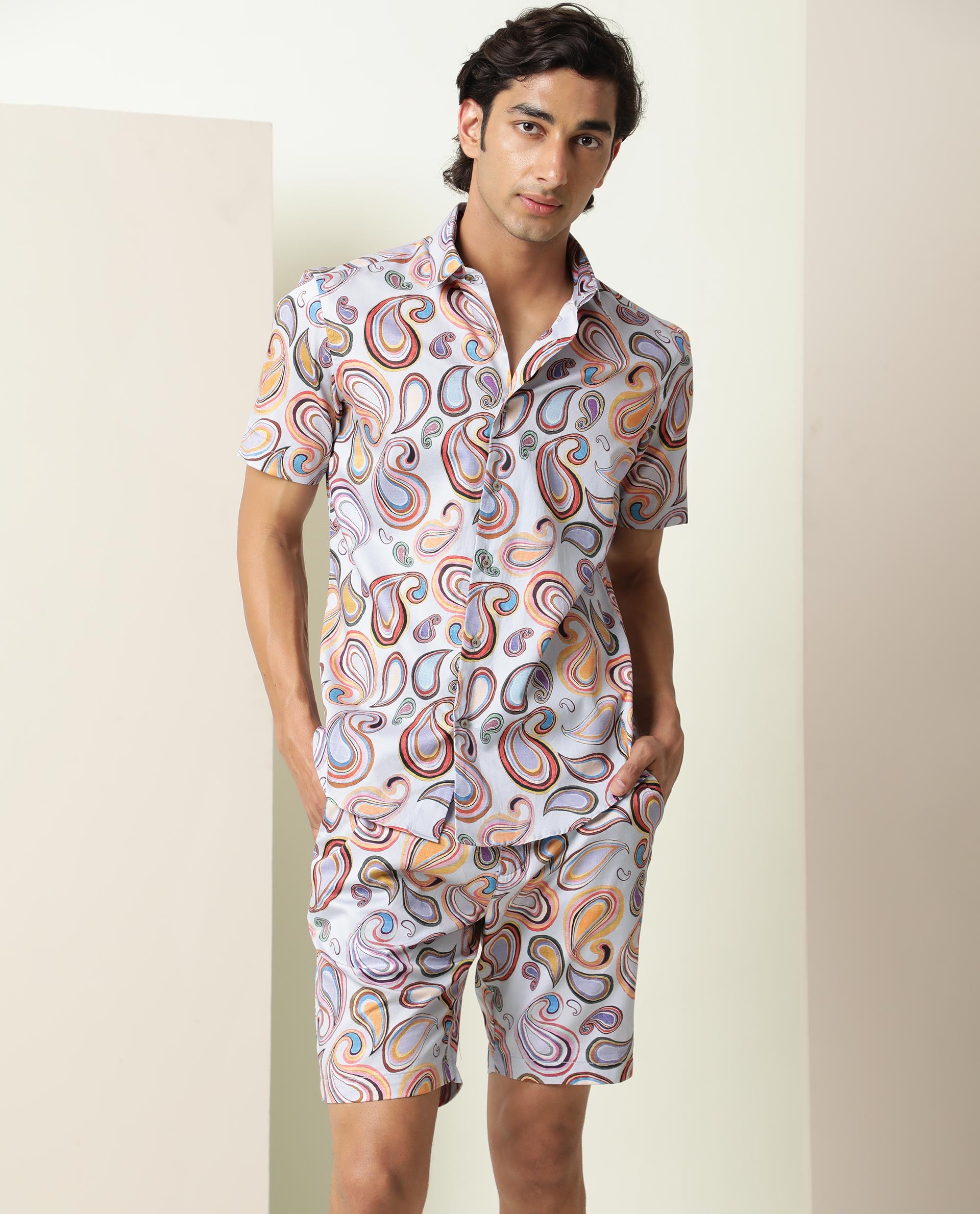 RARE RABBIT MEN'S CADIZ MULTI SHIRT COTTON FABRIC COLLARED NECK HALF SLEEVES BUTTON CLOSURE