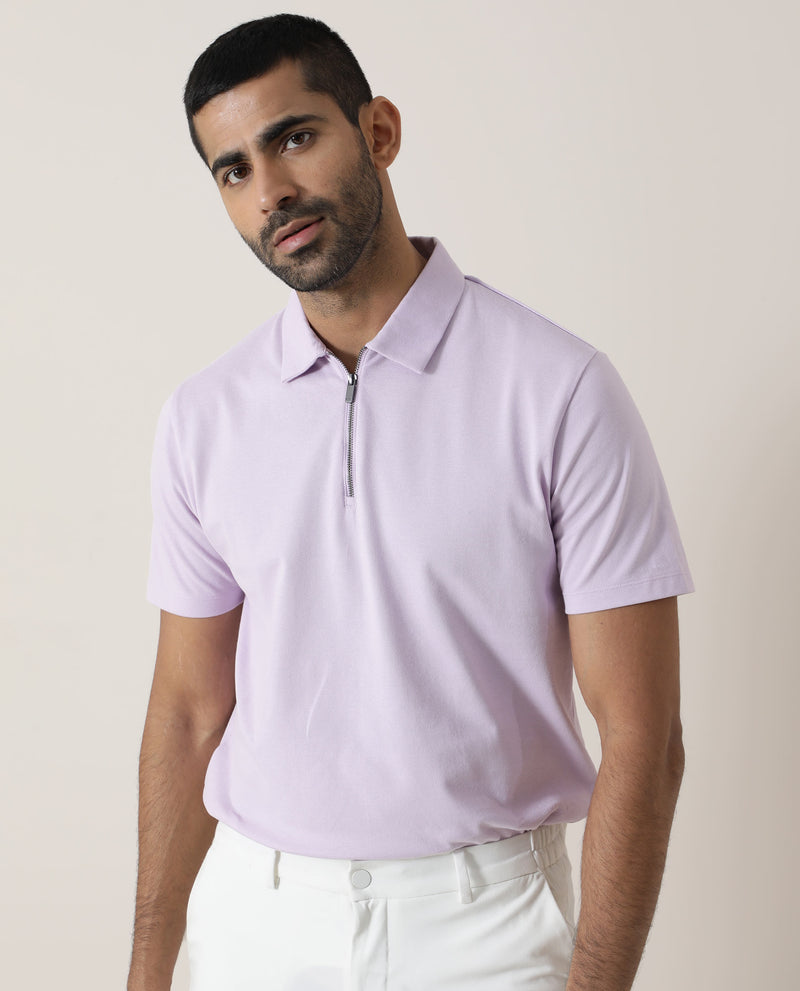 Rare Rabbit Men's Stel Pastel Purple Cotton Fabric Collared Neck Zipper Closure Half Sleeves Flat Knit Polo T-Shirt
