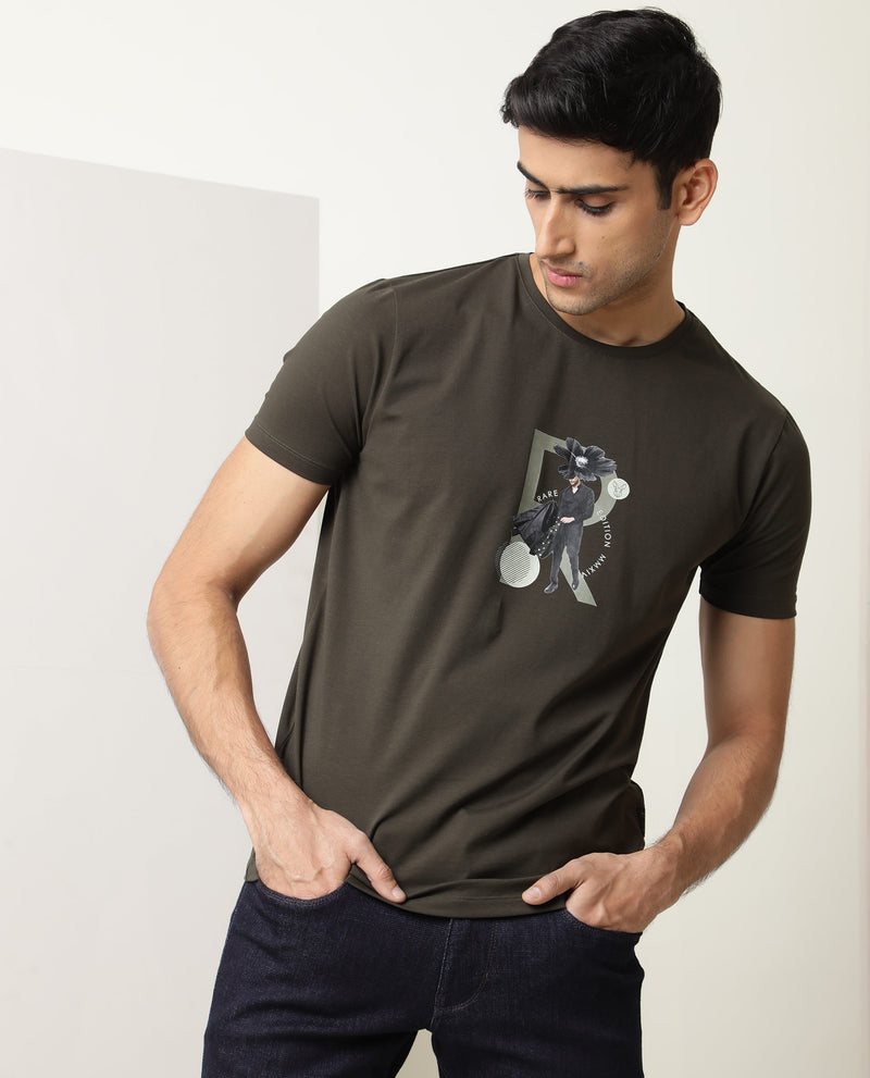 Rare Rabbit Men's Sketch Olive Cotton Lycra Fabric Crew Neck Half Sleeves Regular Fit Abstract Graphic Print T-Shirt