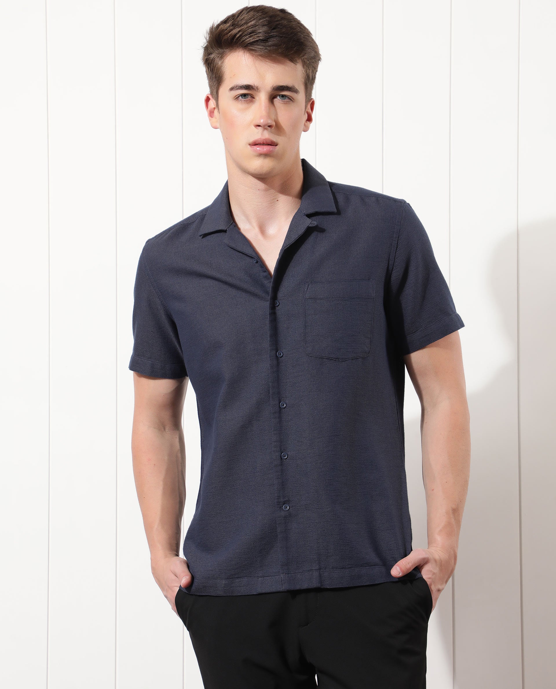 Rare Rabbit Men's Land Navy Cotton Fabric Cuban Collar Half Sleeves Knit Shirt