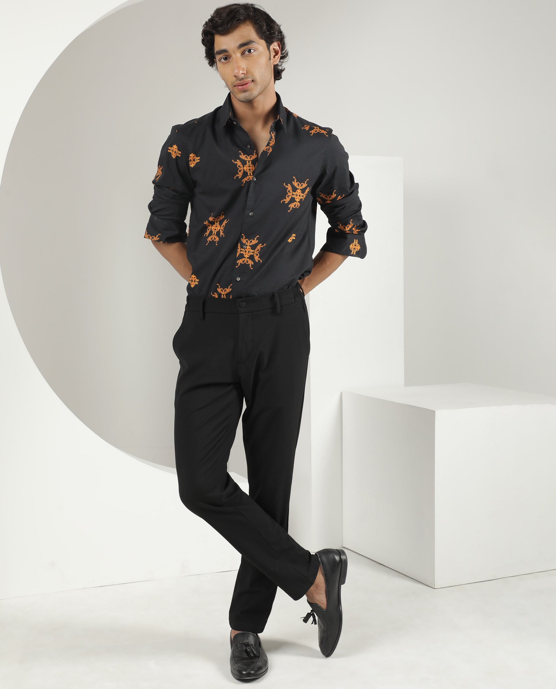 Rare Rabbit Men's Vicaroy Black Cotton Fabric Graphic Print Full Sleeves Shirt