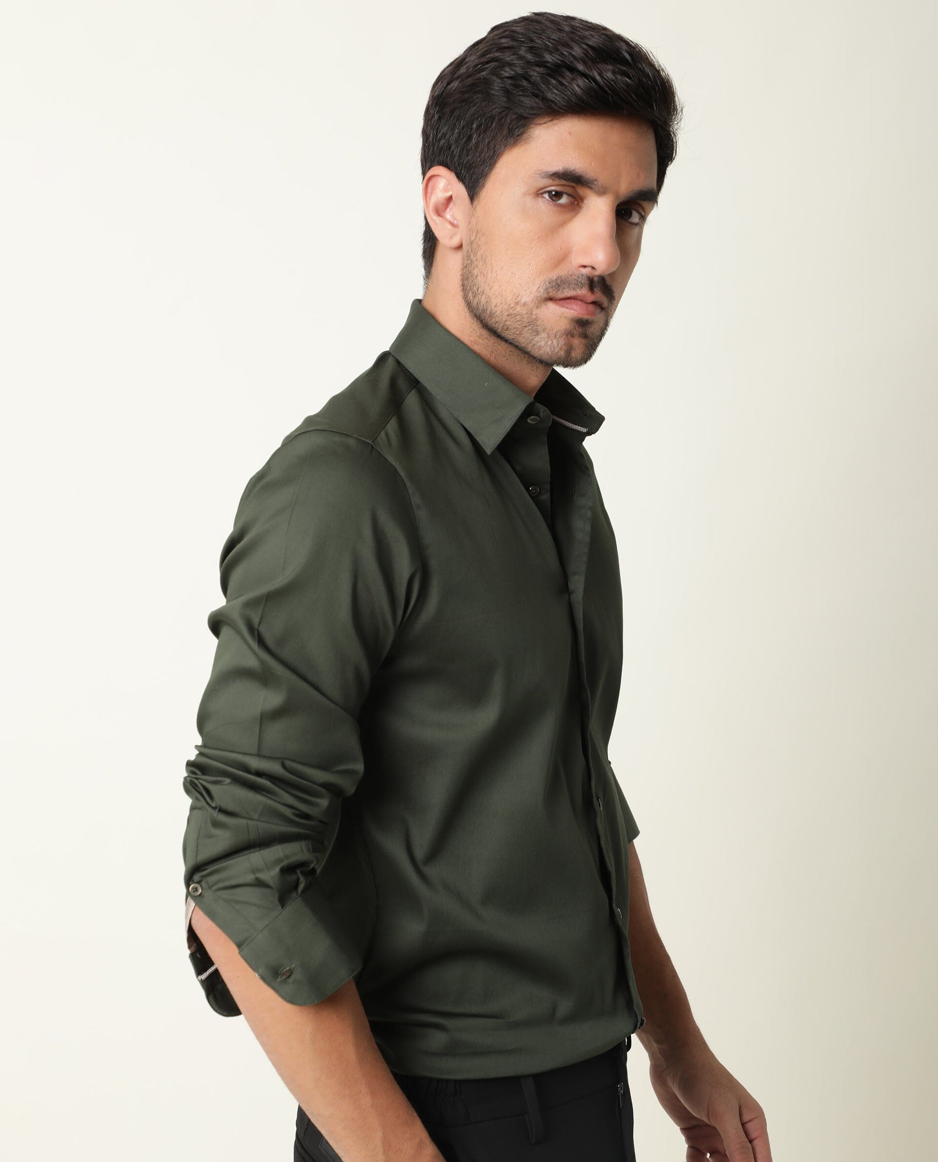 Rare Rabbit Men's Holand Olive Satin Fabric Full Sleeves Solid Shirt