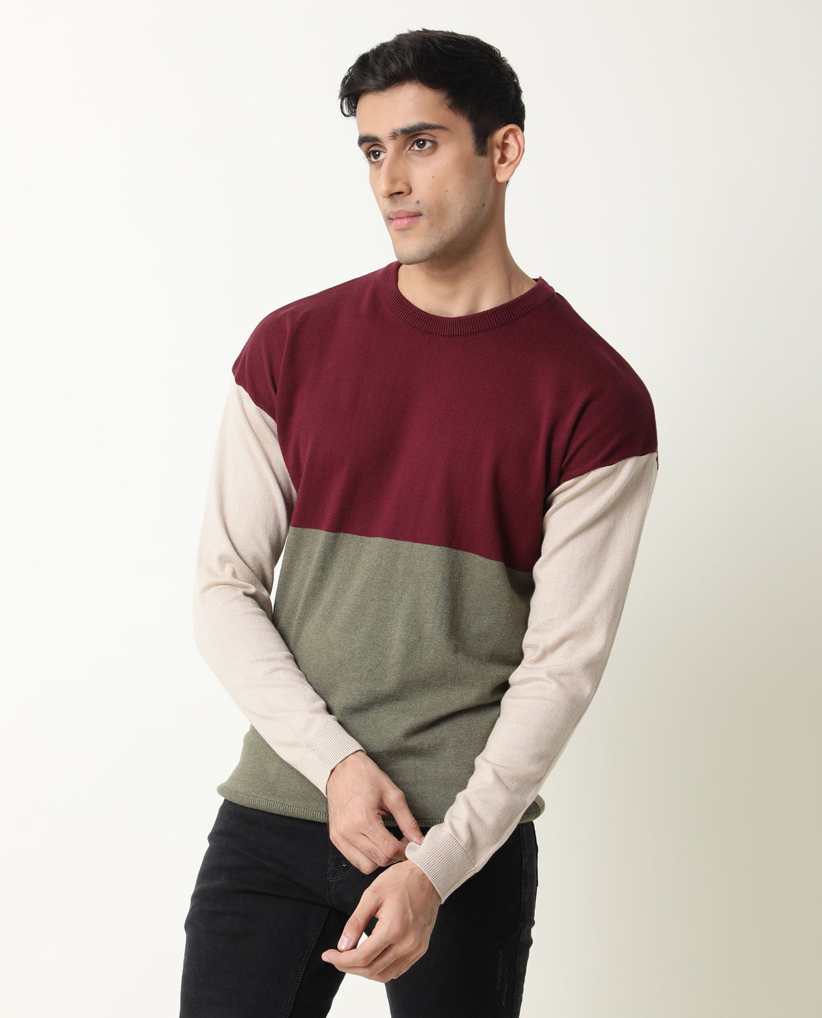 Rare Rabbit Tanko Primary Maroon Sweater Cotton Fabric Full Sleeve Round Neck Slim Fit