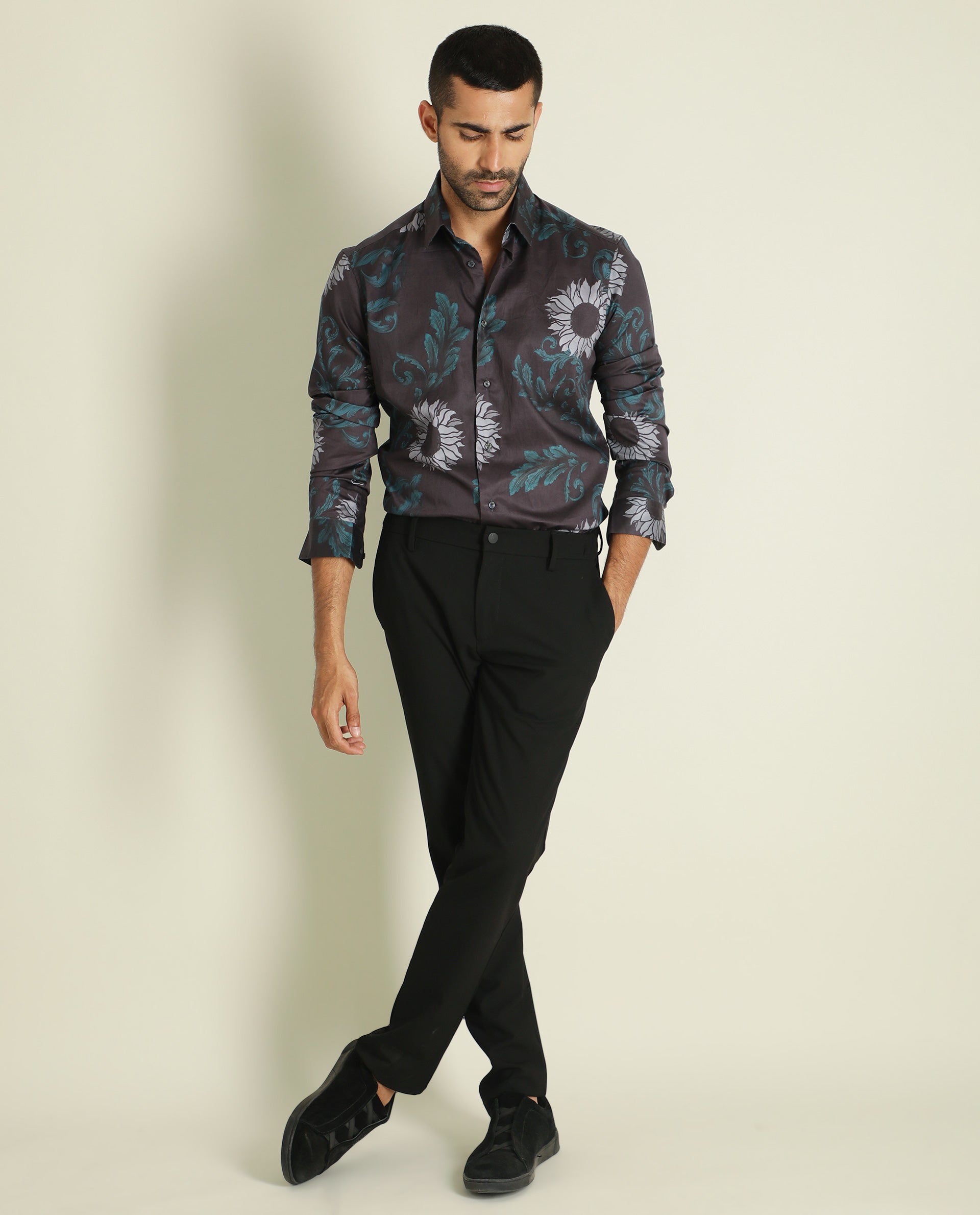 Rare Rabbit Men's Silbon Black Cotton Fabric Floral Print Full Sleeves Shirt