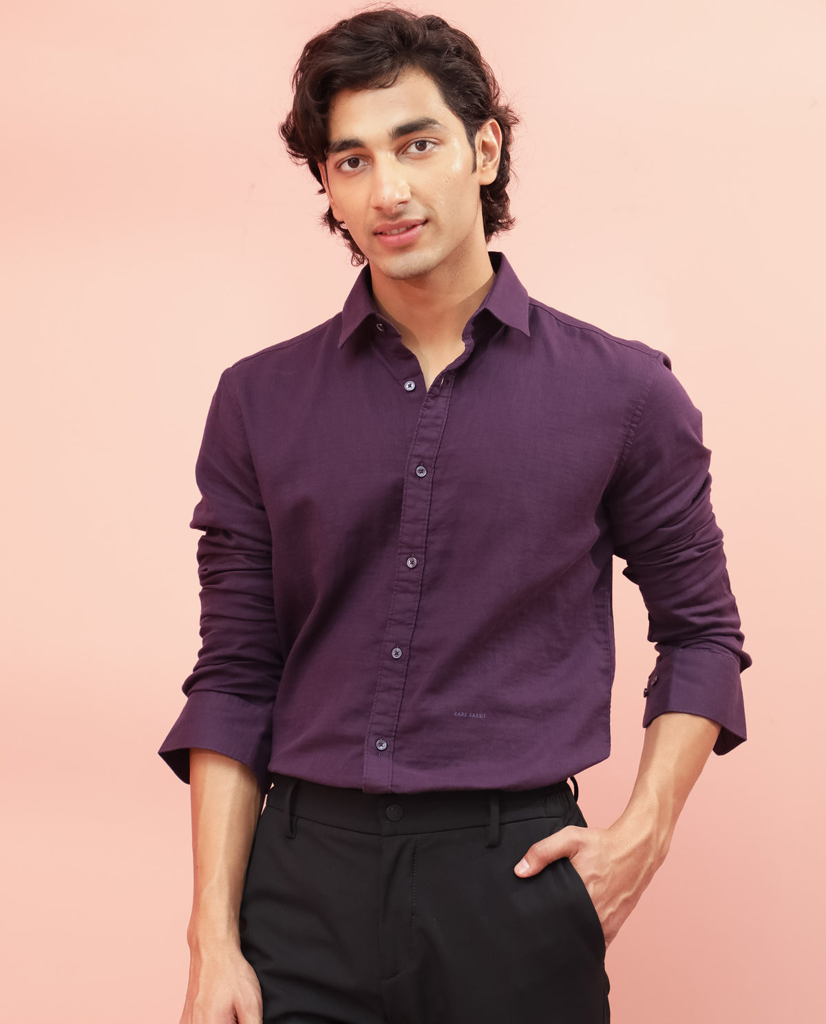 Rare Rabbit Men's Layerr Dark Purple Cotton Fabric Full Sleeves Solid Shirt