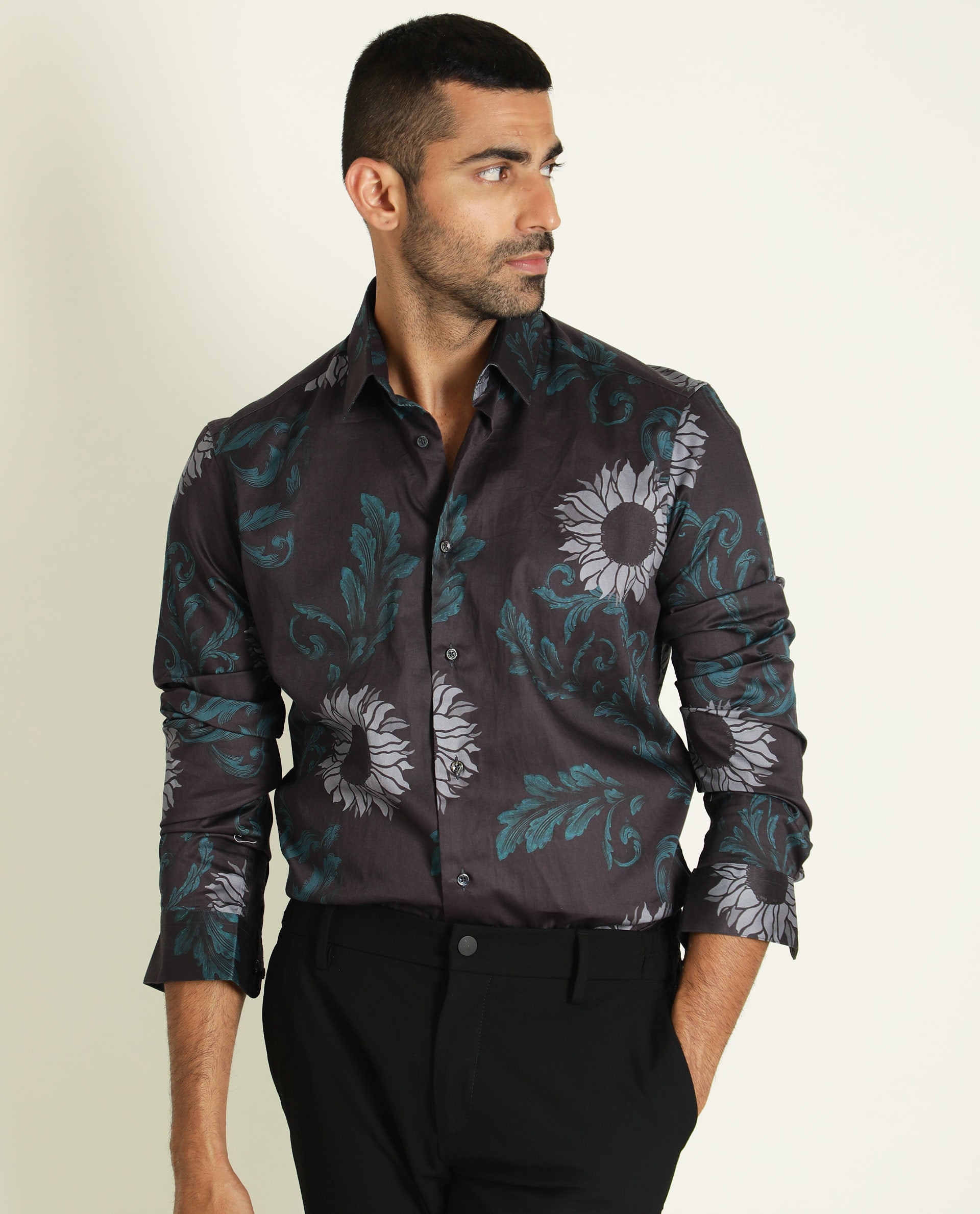 Rare Rabbit Men's Silbon Black Cotton Floral Print Regular Fit Full Sleeve Collared Shirt