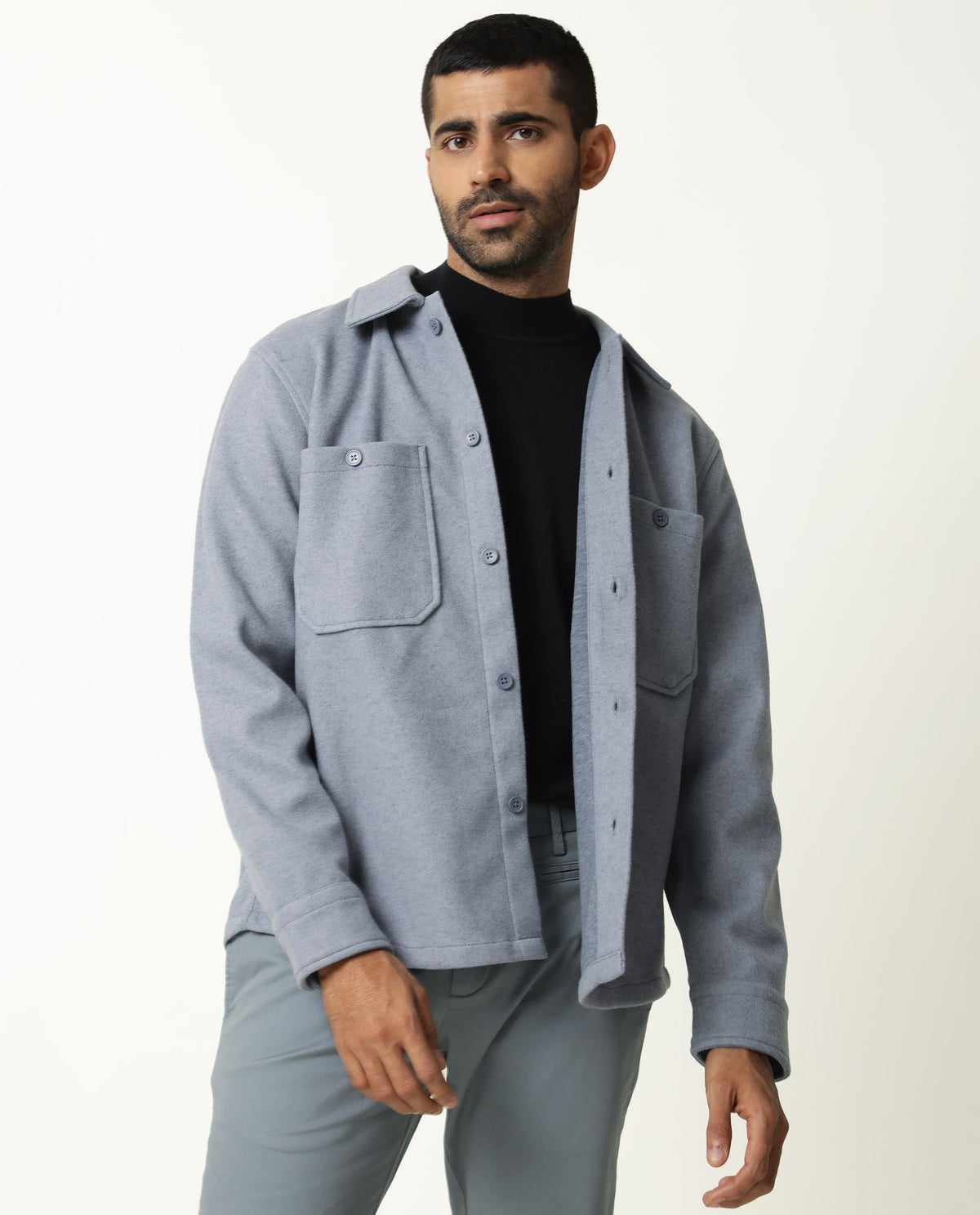 Rare Rabbit Jerome Blue Cotton Fabric Full Sleeve Broad Collar Button Closure Slim Fit Jacket
