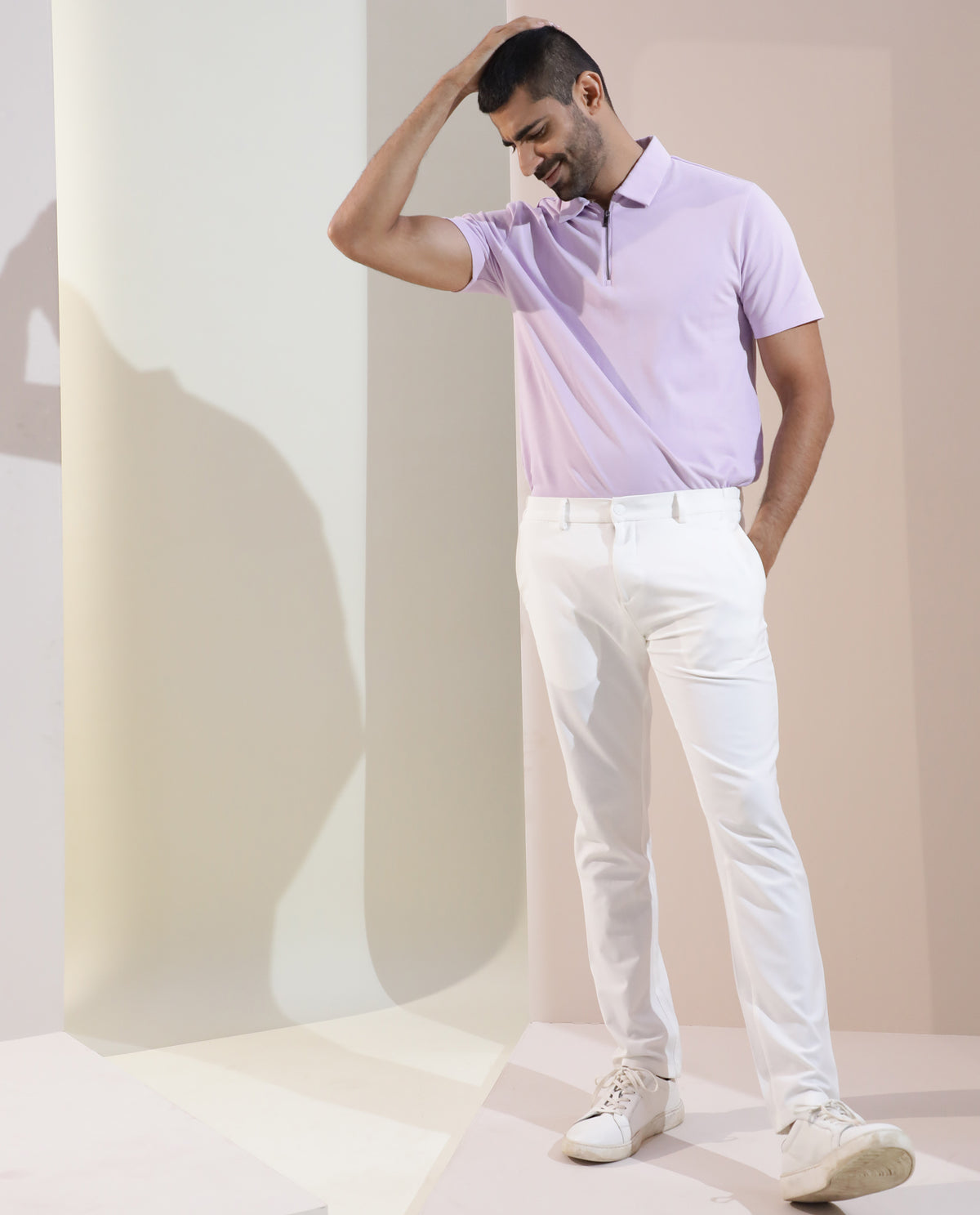 Rare Rabbit Men's Stel Pastel Purple Cotton Fabric Collared Neck Zipper Closure Half Sleeves Flat Knit Polo T-Shirt