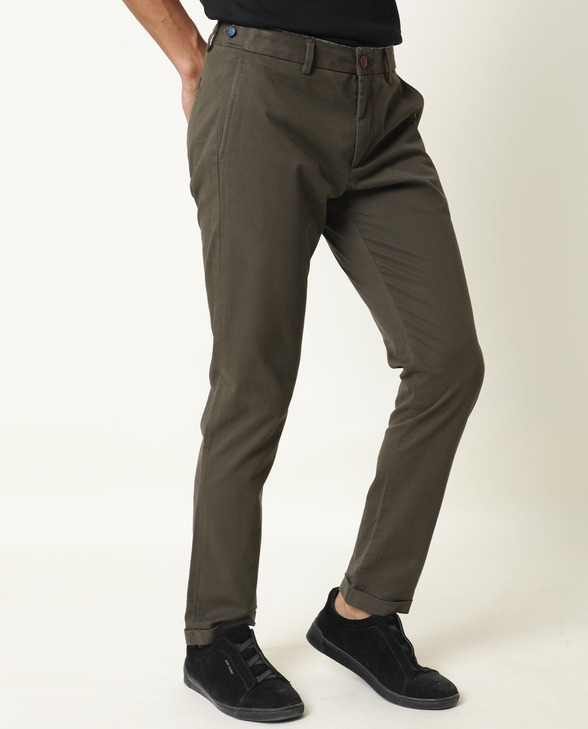 Rare Rabbit Men's Trews-22 Olive Solid Mid-Rise Regular Fit Trouser