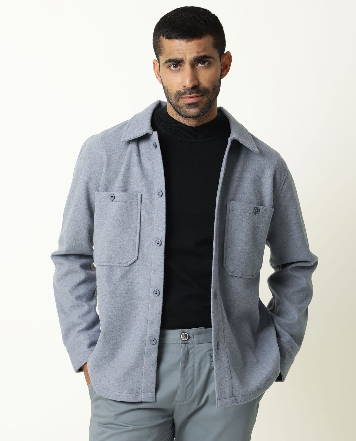 Rare Rabbit Jerome Blue Cotton Fabric Full Sleeve Broad Collar Button Closure Slim Fit Jacket