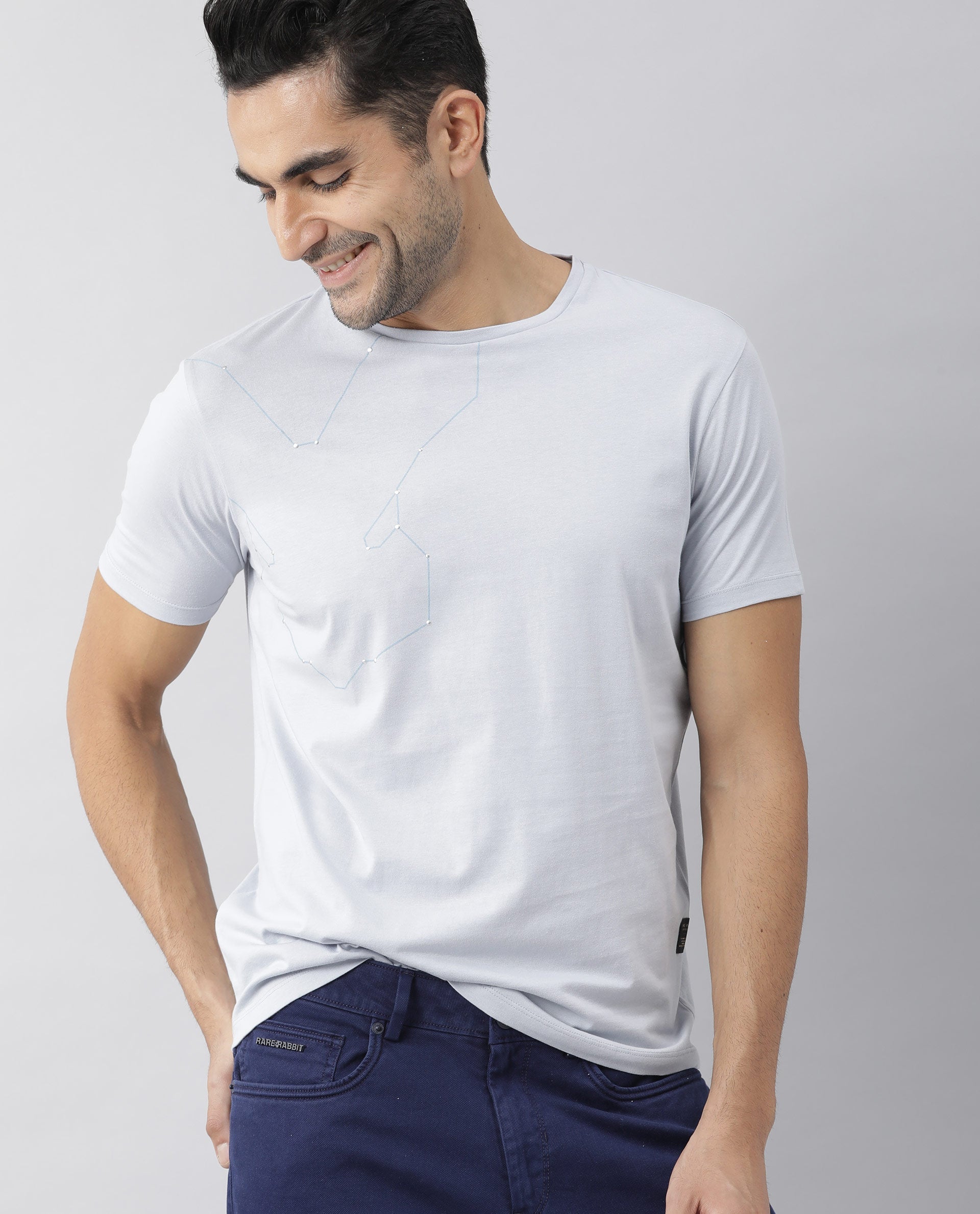 Rare Rabbit Men's Graphs Blue Crew Neck Slim Fit Graphic Printed T-Shirt