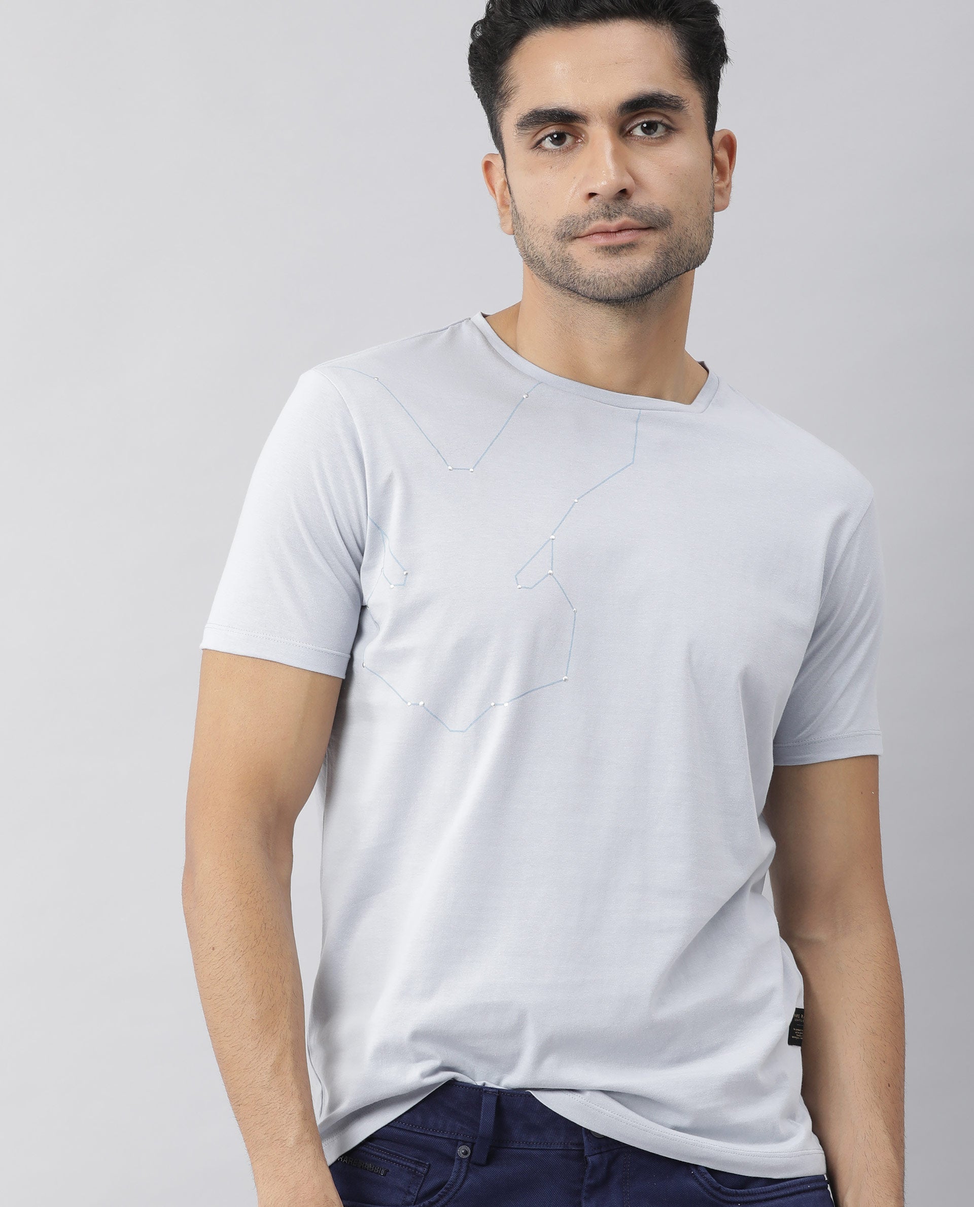 Rare Rabbit Men's Graphs Blue Crew Neck Slim Fit Graphic Printed T-Shirt