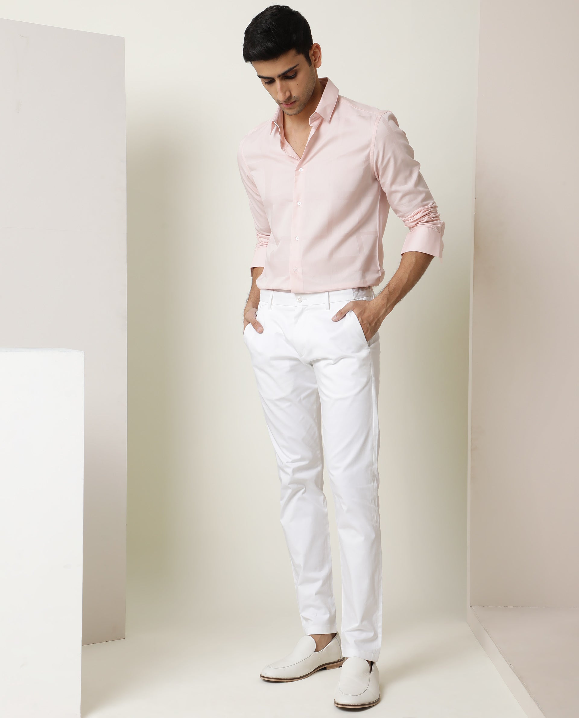 Rare Rabbit Men's Boxline Light Pink Cotton Lyocell Fabric Full Sleeves Checks Shirt