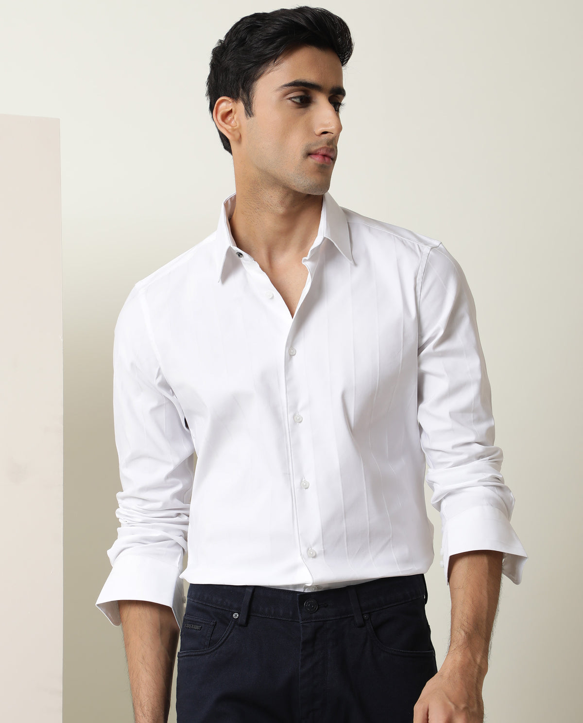 Rare Rabbit Men's Jails White Cotton Fabric Full Sleeves Dobby Striped Shirt
