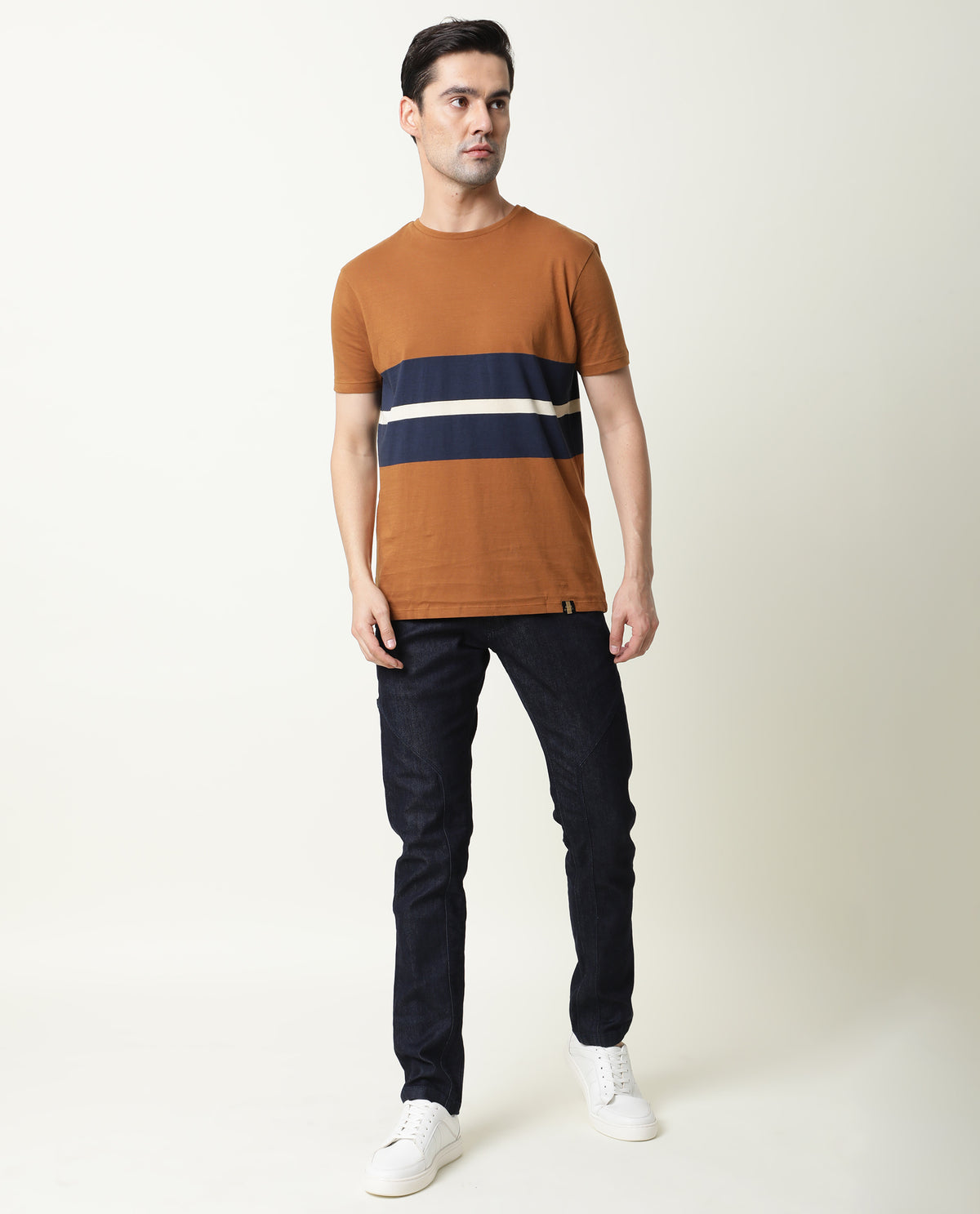 Rare Rabbit Pire Brown Crew Neck Striped Half Sleeves Regular Fit T-Shirt