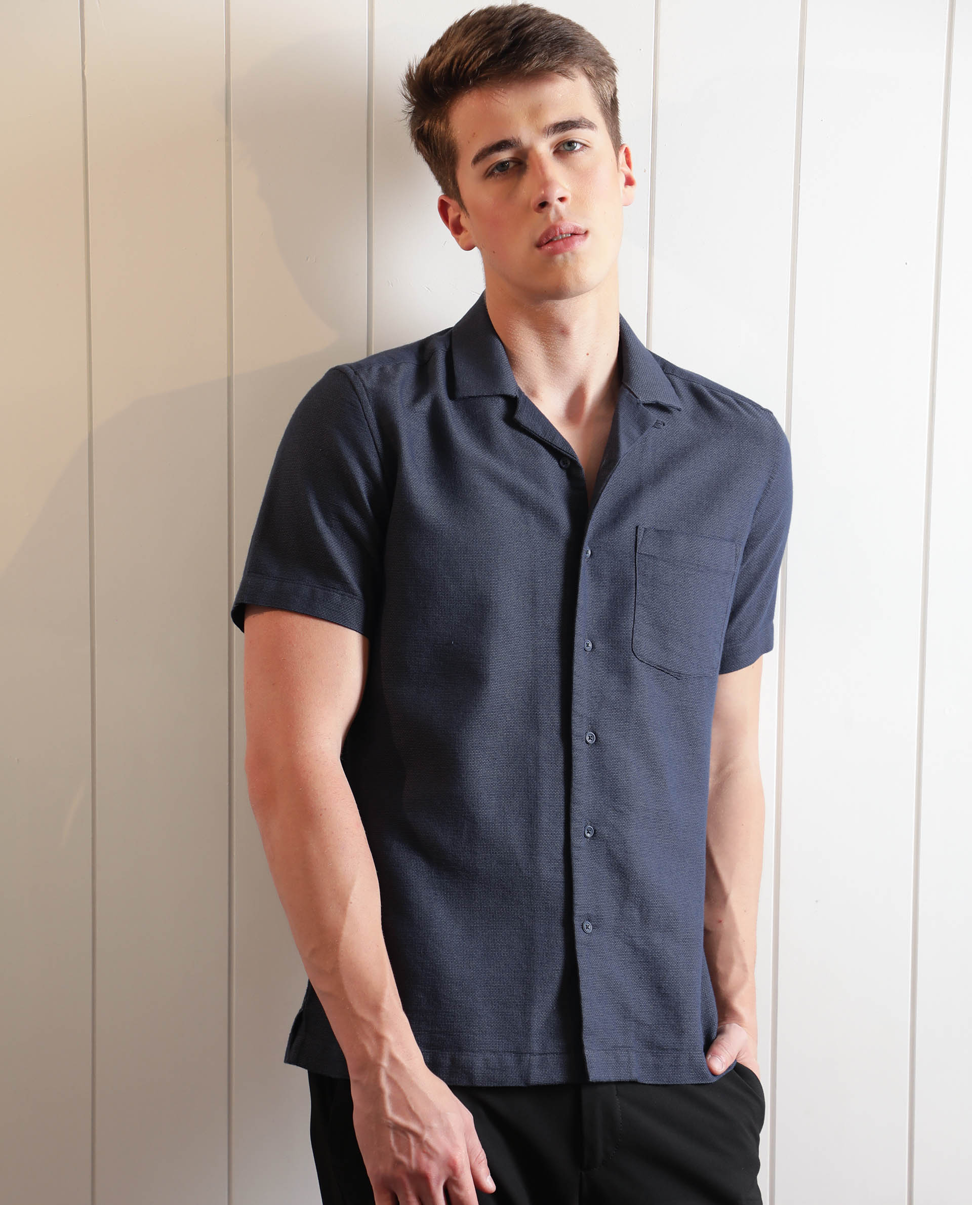 Rare Rabbit Men's Land Navy Cotton Fabric Cuban Collar Half Sleeves Knit Shirt