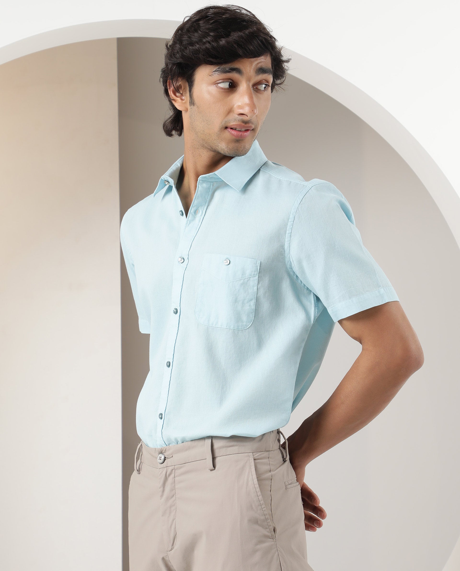 Rare Rabbit Men's Affle Light Blue Dobby Fabric Half Sleeves Solid Shirt