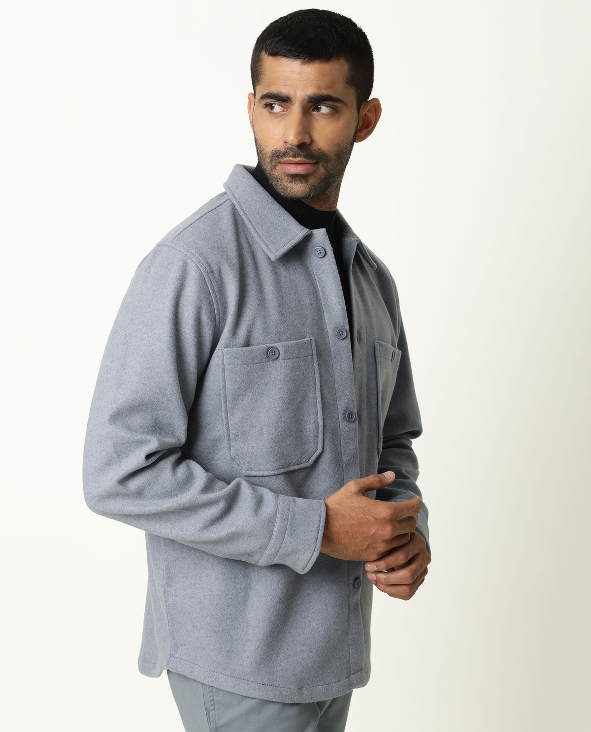 Rare Rabbit Jerome Blue Cotton Fabric Full Sleeve Broad Collar Button Closure Slim Fit Jacket
