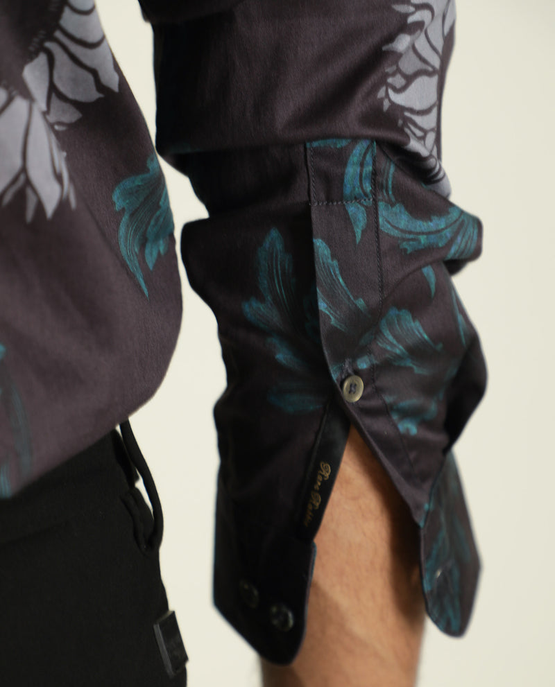 Rare Rabbit Men's Silbon Black Cotton Fabric Floral Print Full Sleeves Shirt