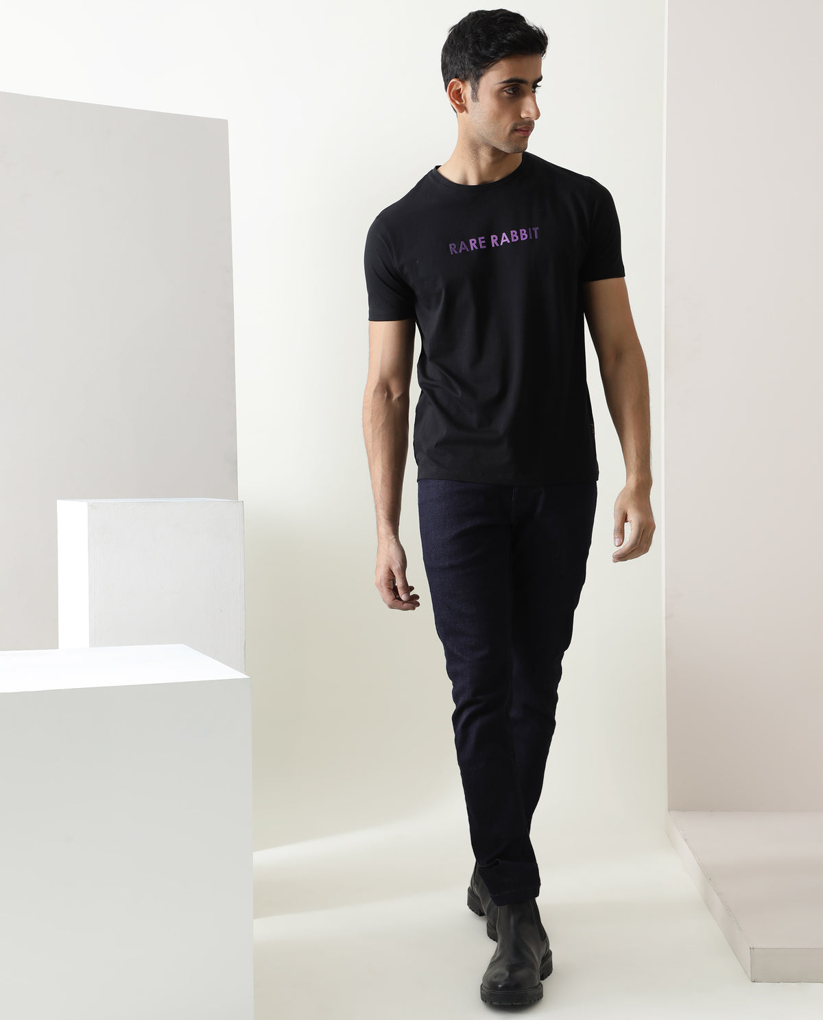 Rare Rabbit Men's Grady Black Crew Neck HD Print Branding Half Sleeves Regular Fit T-Shirt