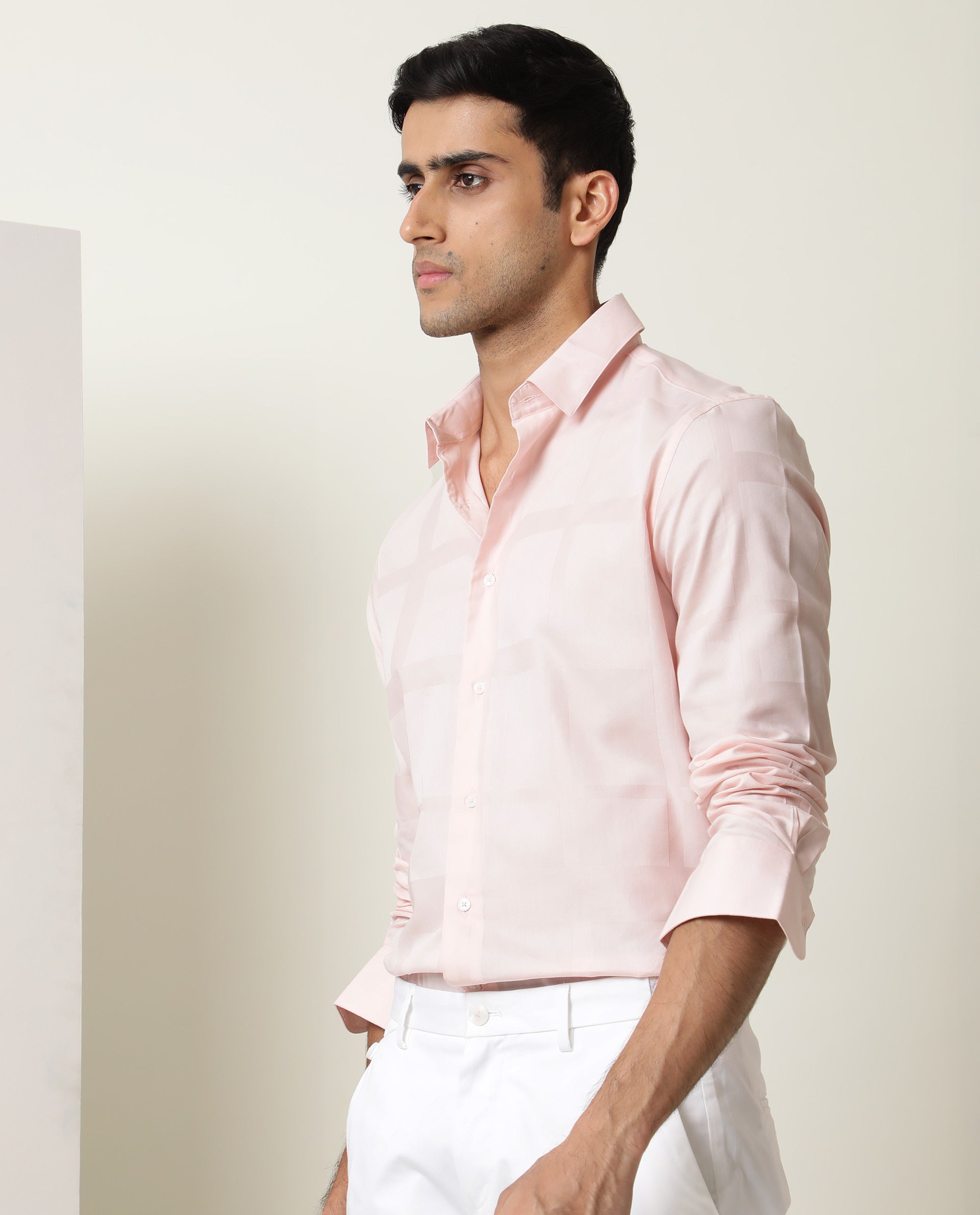 Rare Rabbit Men's Boxline Light Pink Cotton Lyocell Fabric Full Sleeves Checks Shirt