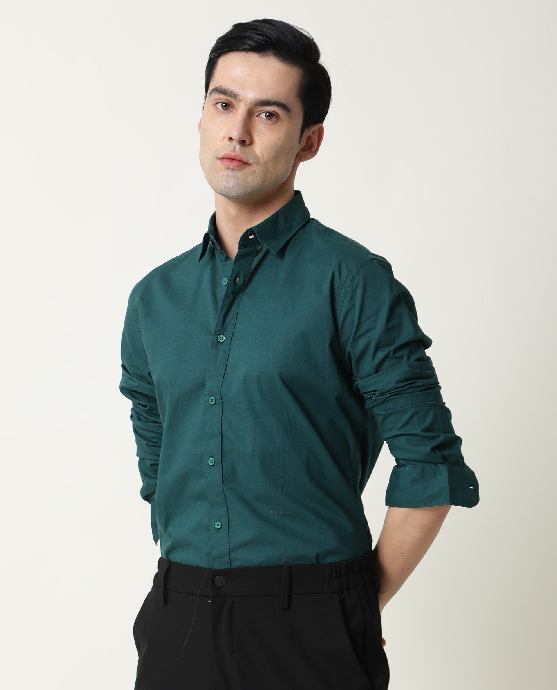 Rare Rabbit Men's Fullslee Petrol Cotton Fabric Full Sleeves Solid Shirt