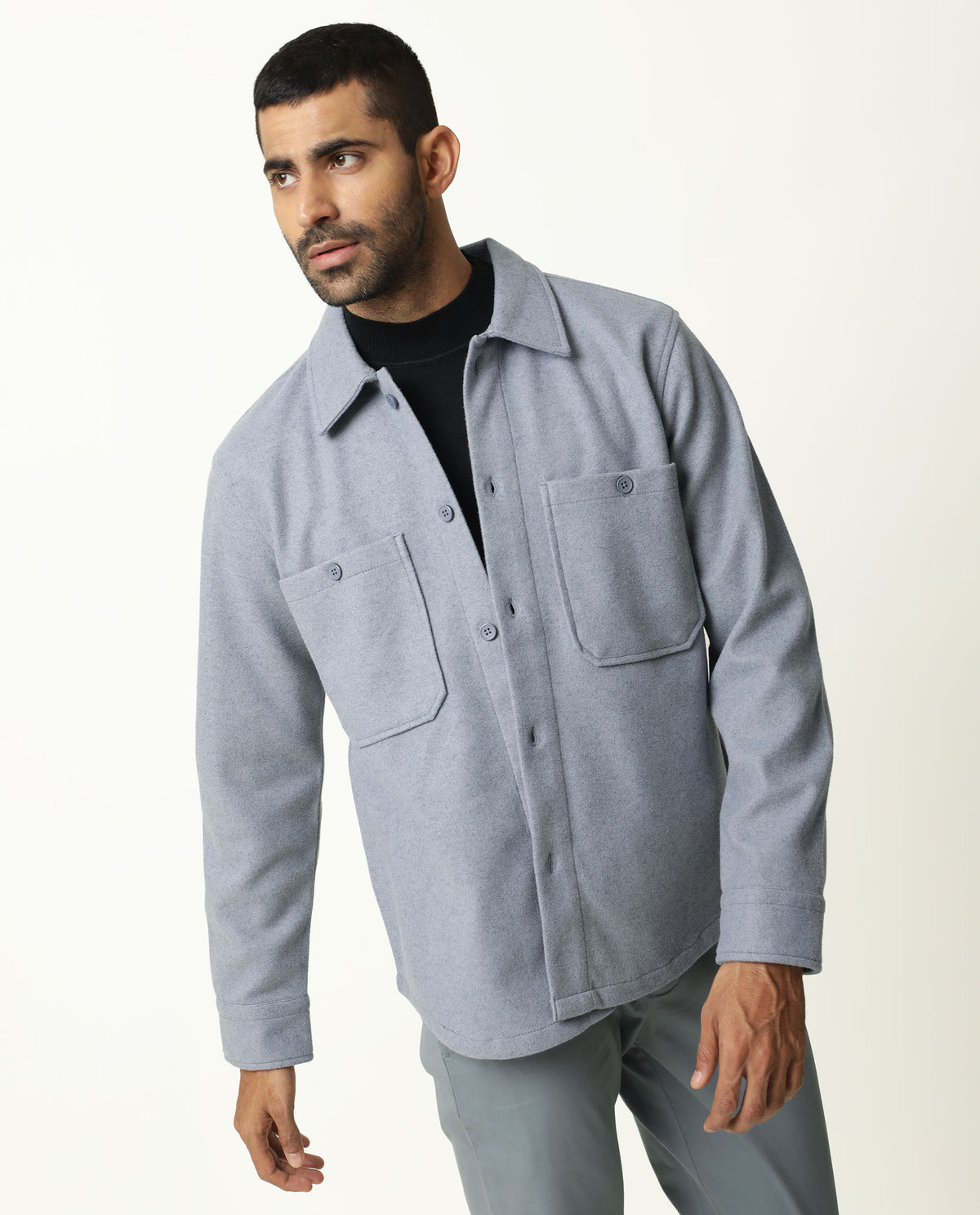 Rare Rabbit Jerome Blue Cotton Fabric Full Sleeve Broad Collar Button Closure Slim Fit Jacket