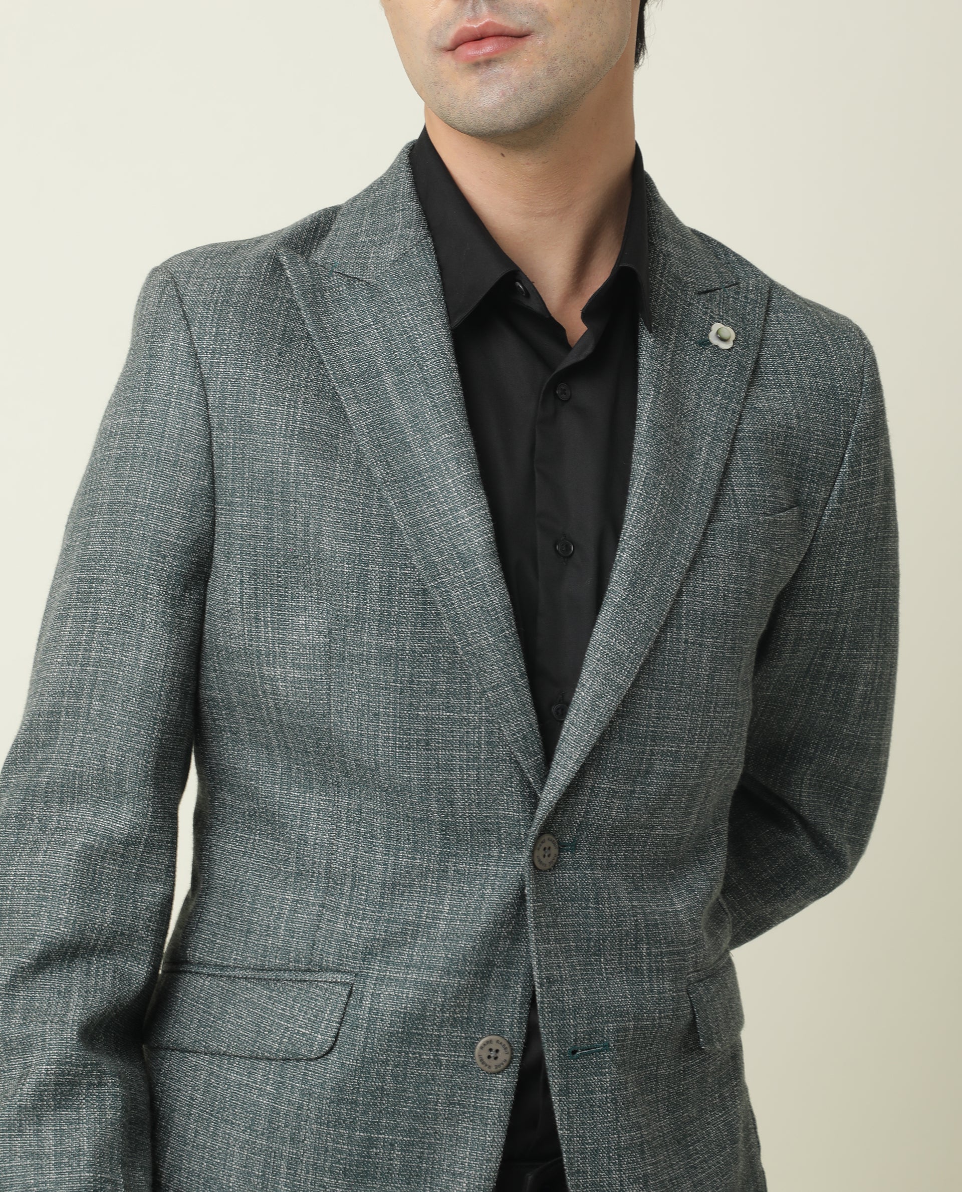 Rare Rabbit Men's Drews Olive Polyester Viscose Fabric Peak Lapel Single Breasted Tailored Fit Textured Blazer