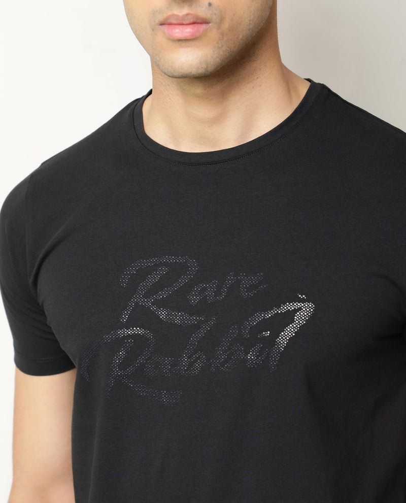 Rare Rabbit Men's Yonic Black Crew Neck Logo Printed Half Sleeves Slim Fit T-Shirt