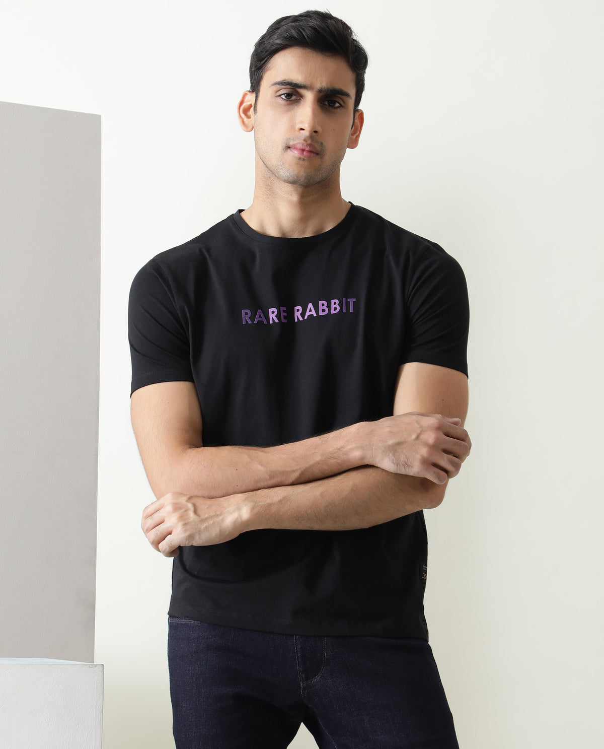 Rare Rabbit Men's Grady Black Crew Neck HD Print Branding Half Sleeves Regular Fit T-Shirt